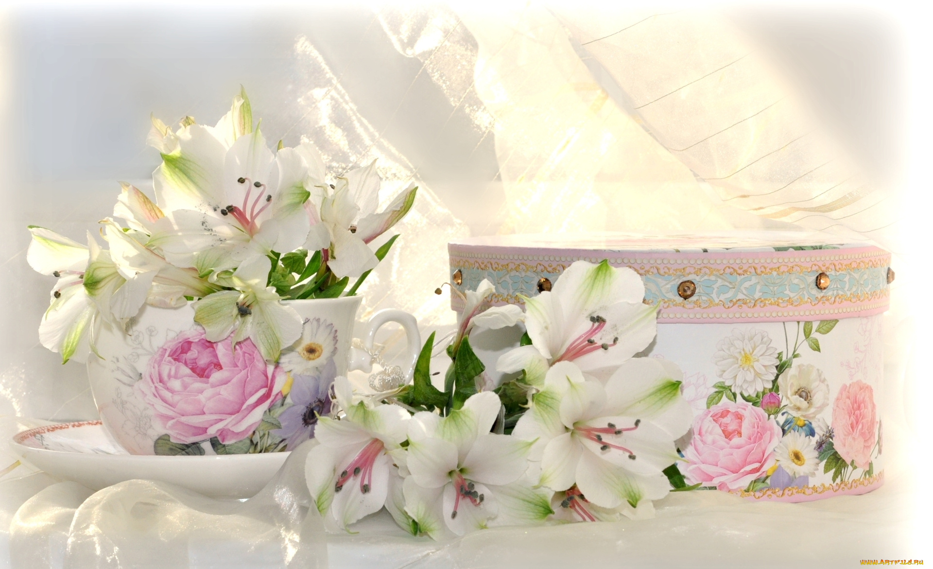 цветы, альстромерия, чашка, коробка