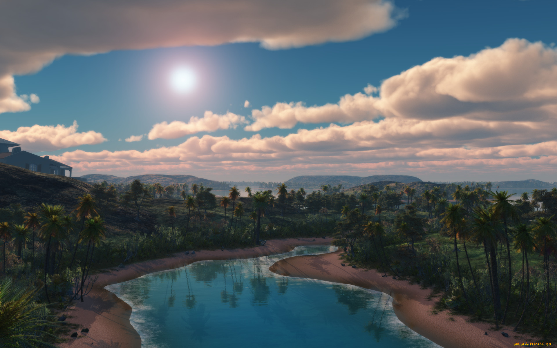 3д, графика, природа, , nature, деревья, река, облака