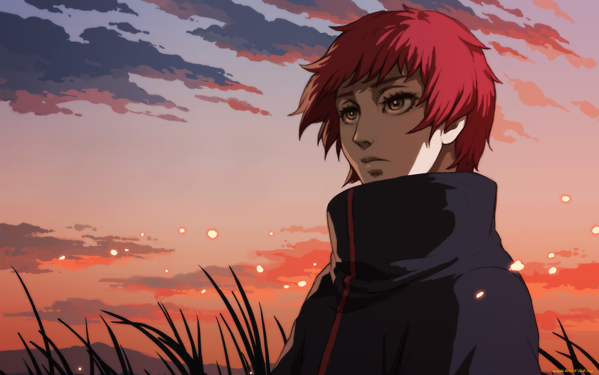аниме, naruto, трава, закат, вечер, сасори, наруто, sasori