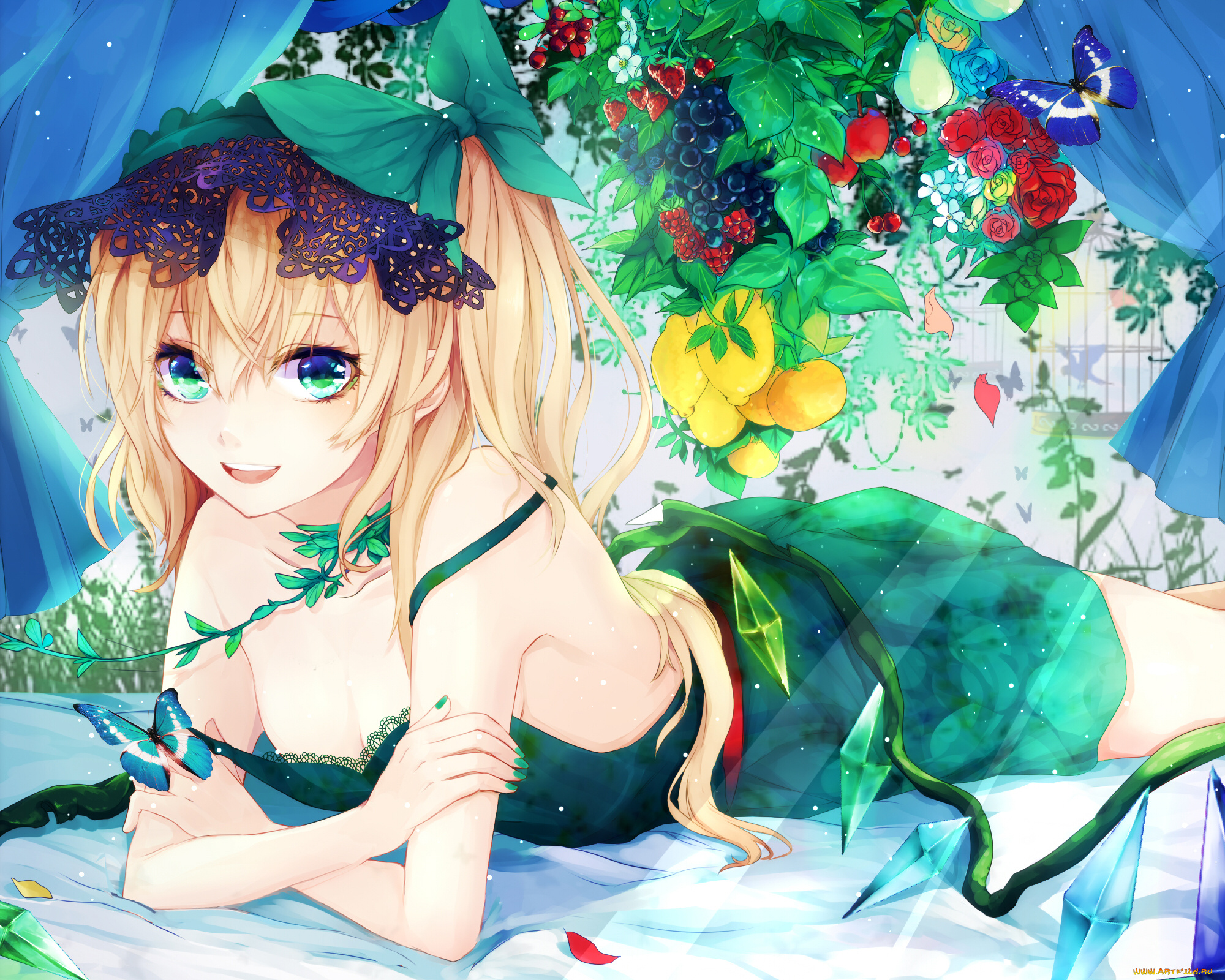 аниме, touhou, лимоны, renkarua, flandre, scarlet, клубника, ягоды, девушка, арт