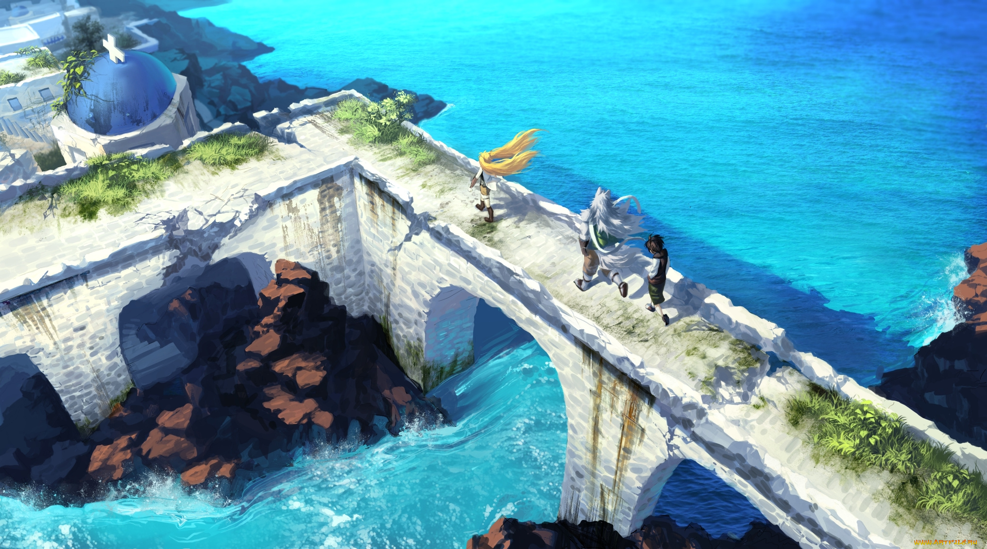 аниме, город, , улицы, , здания, арт, nviek5, парни, мост, море