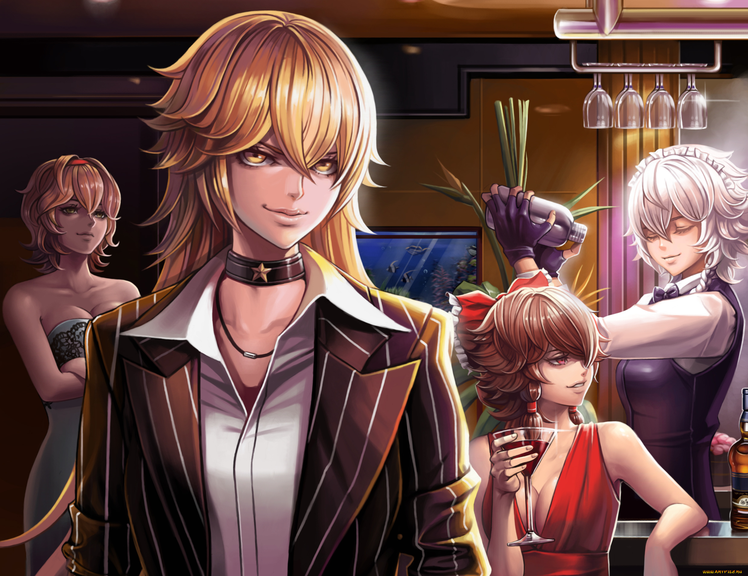 аниме, touhou, бармен, kirisame, marisa, izayoi, sakuya, alice, margatroid, hakurei, reimu, бар, девушки, арт, dantewontdie