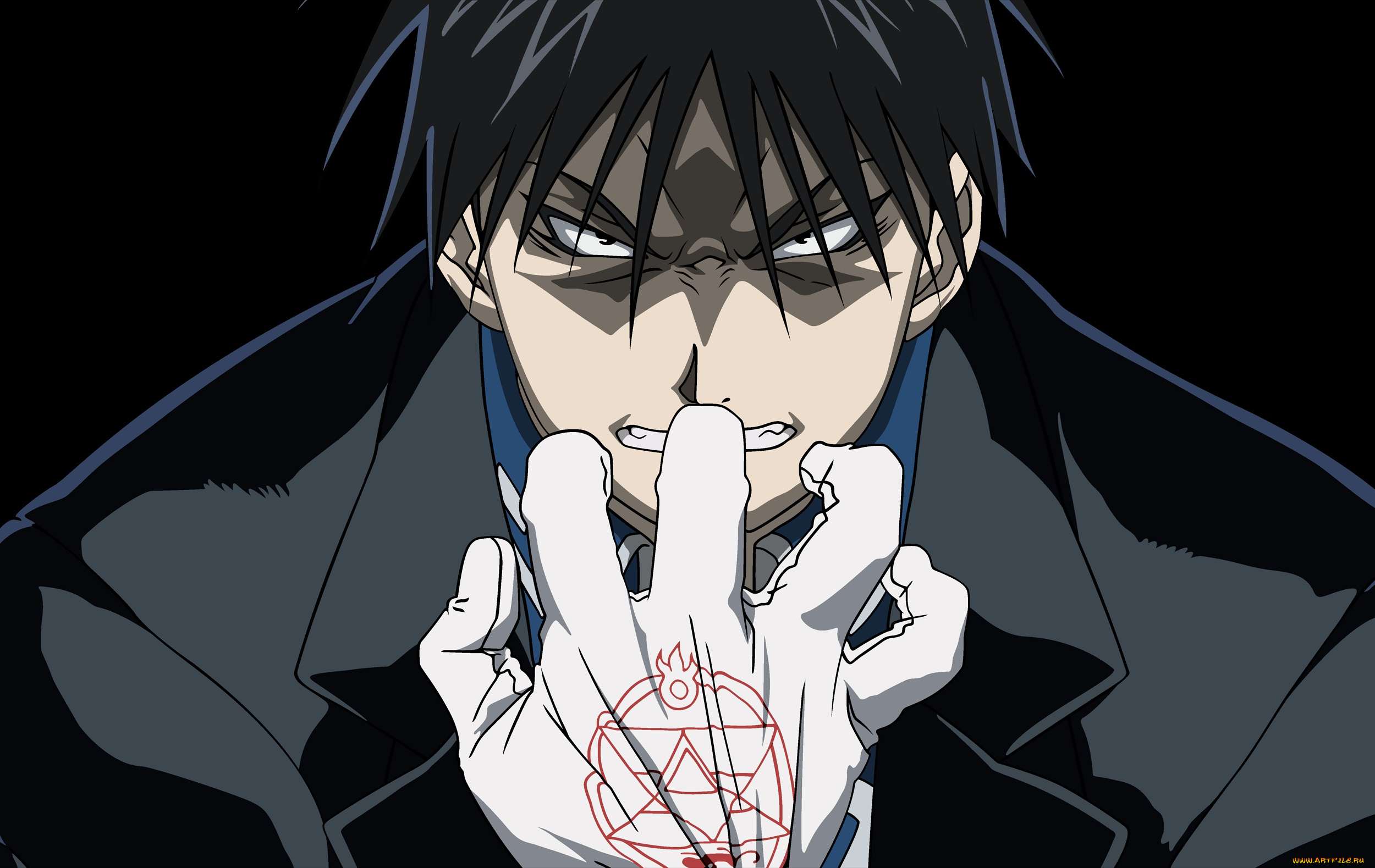 аниме, fullmetal, alchemist, злость, roy, mustang, взгляд, парень, арт, рука, fullmetal, alchemist