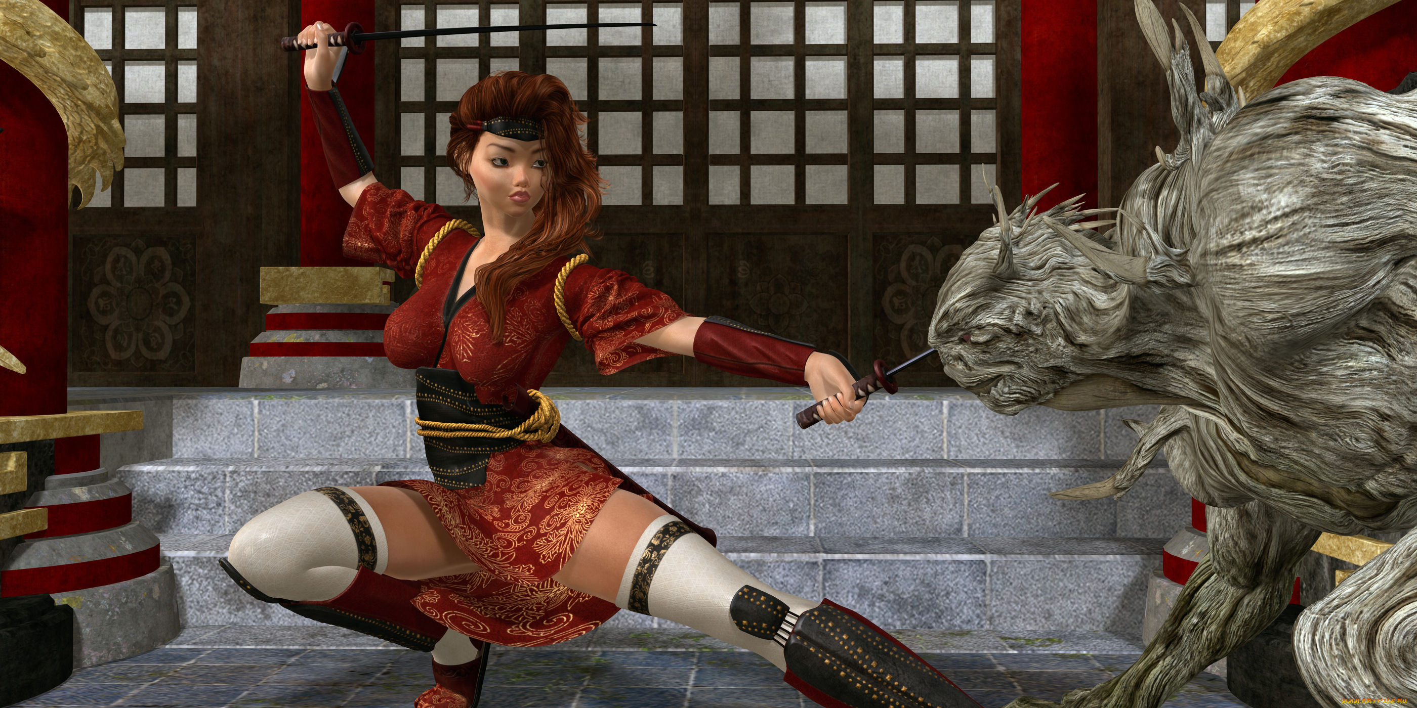 3д, графика, фантазия, , fantasy, девушка, катанна, существо, фон, взгляд