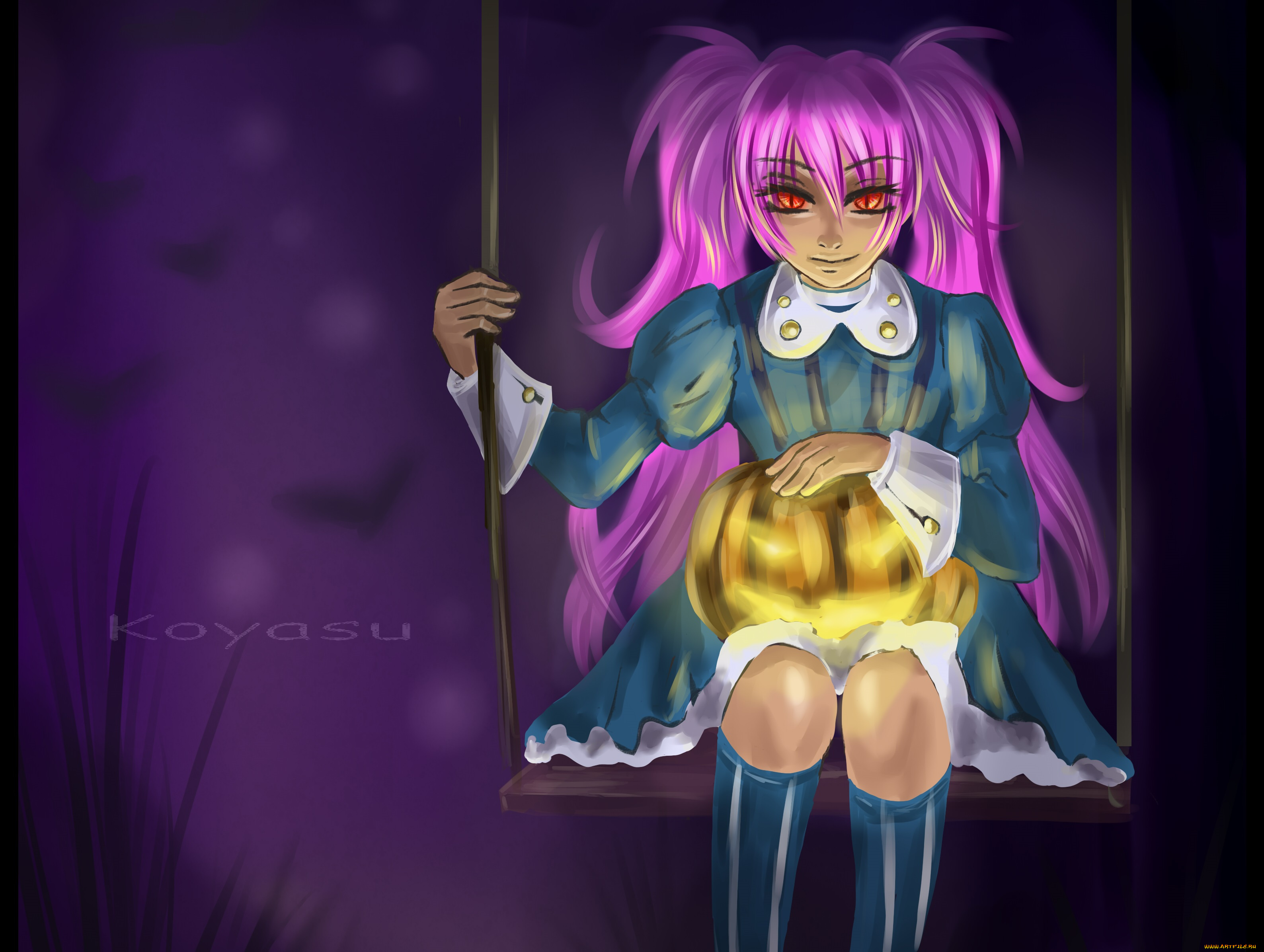 рисованное, -, , , аниме, розовые, волосы, ночь, качели, взгляд, девочка