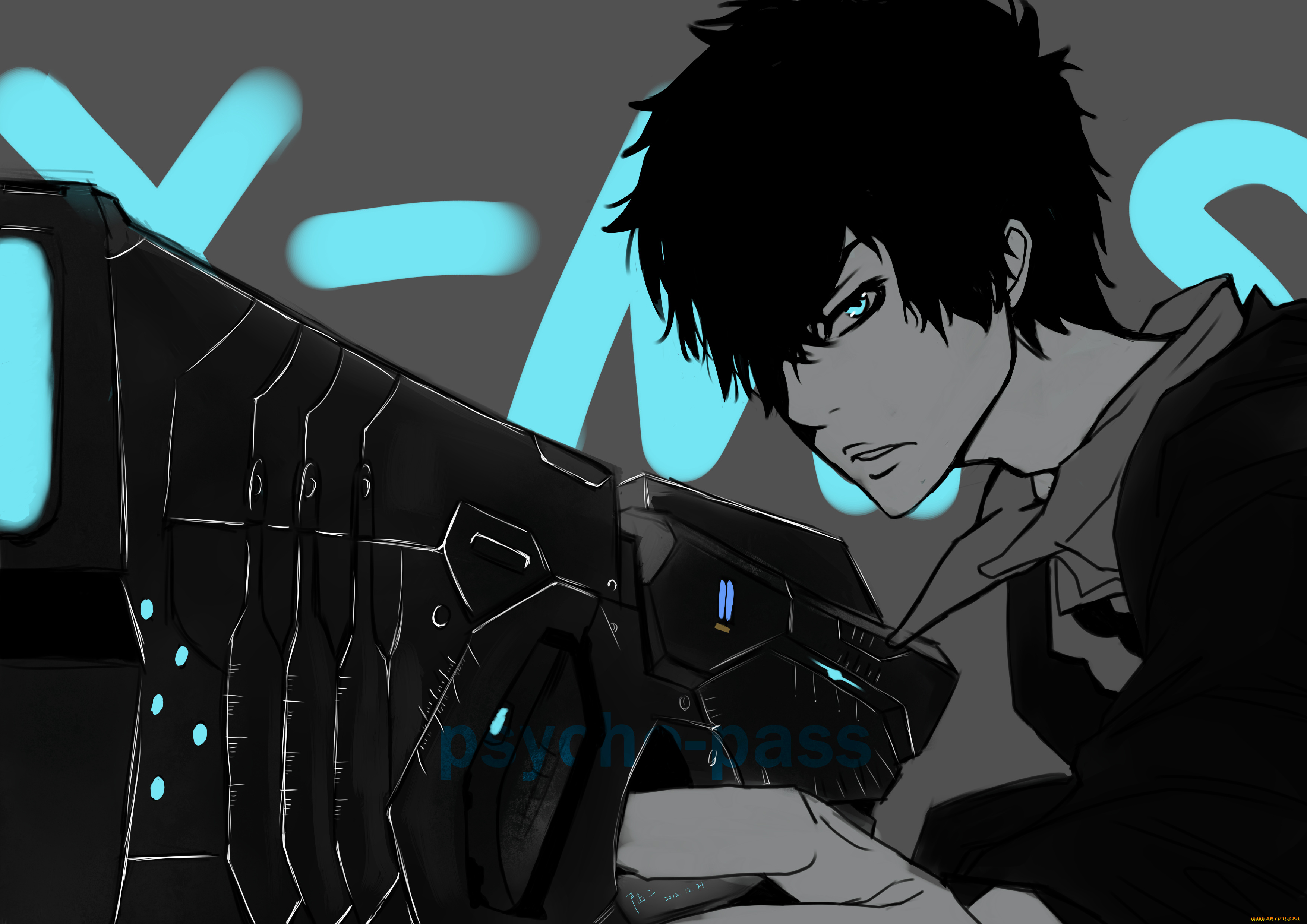 аниме, psycho-pass, взгляд, брюнет, парень, арт, kougami, shinya, оружие