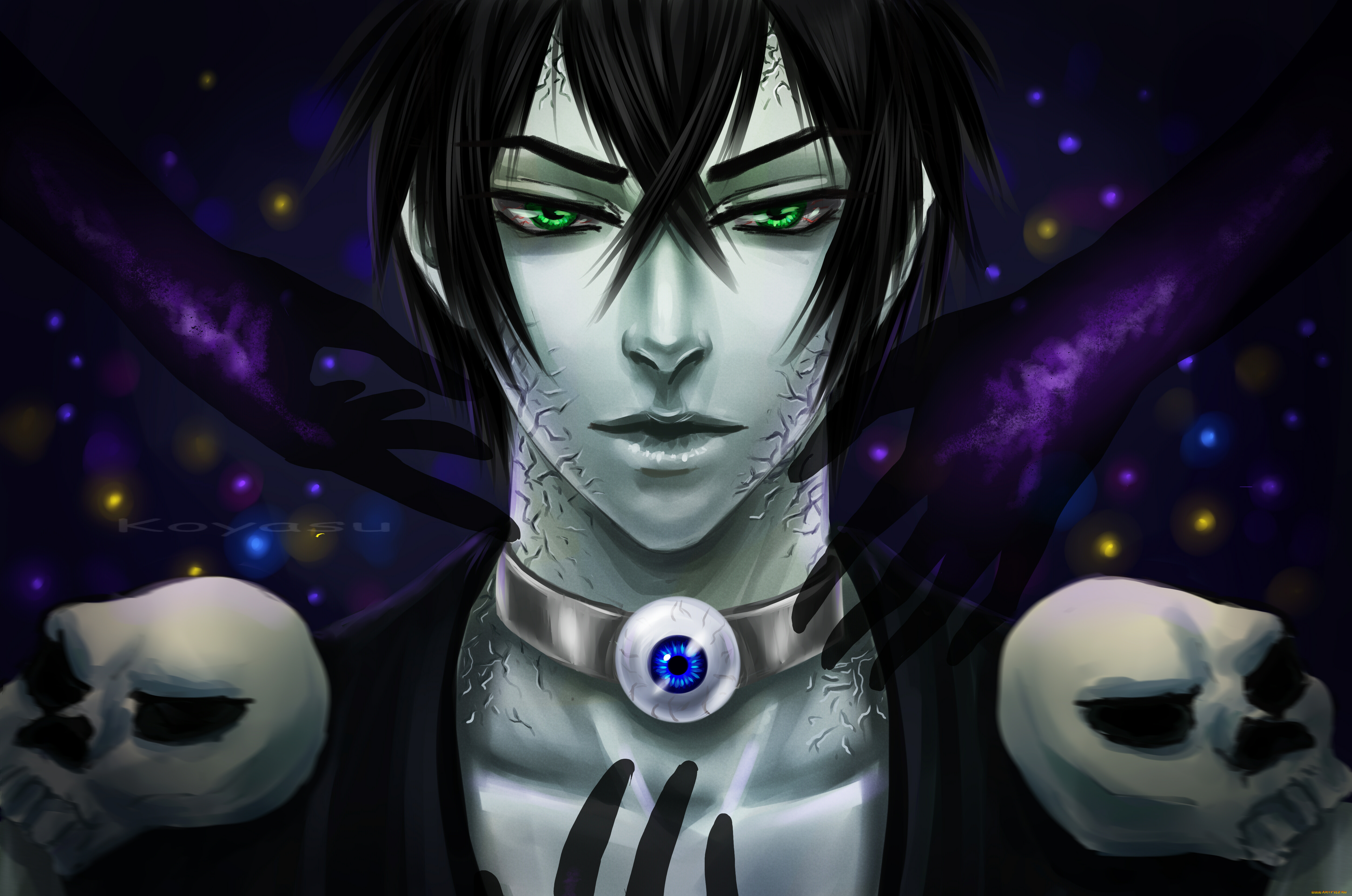 рисованное, -, , , аниме, парень, взгляд, черепа