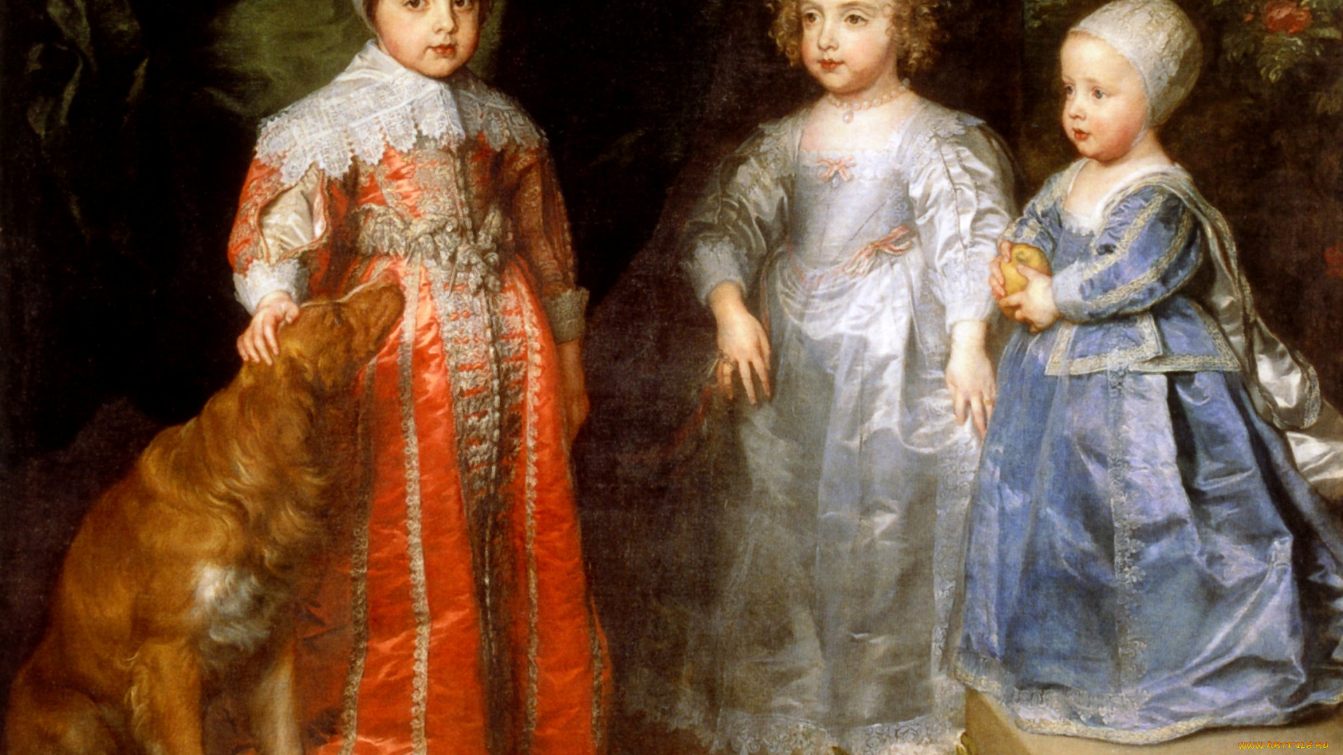 antoine, van, dyck, -, les, trois, enfants, aines, de, charles, ier, , huile, sur, toile, рисованное, antoine, van, dyck, наряды, дети, собака