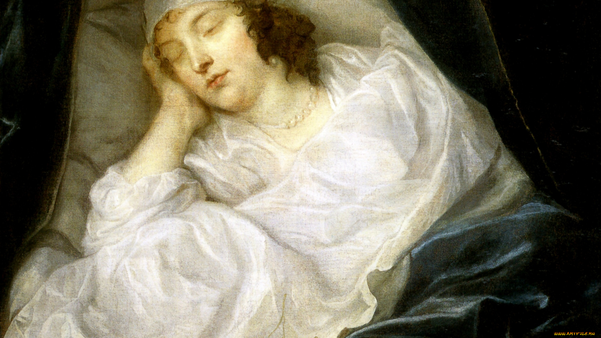 antoine, van, dyck, -, venetia, , lady, digby, , sur, son, lit, de, mort, , huile, sur, toile, рисованное, antoine, van, dyck, женщина, шторы, постель