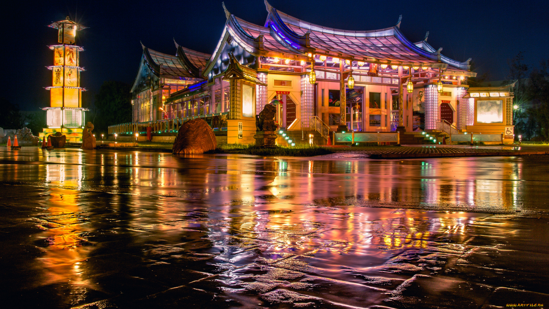 города, -, огни, ночного, города, ночь, площадь