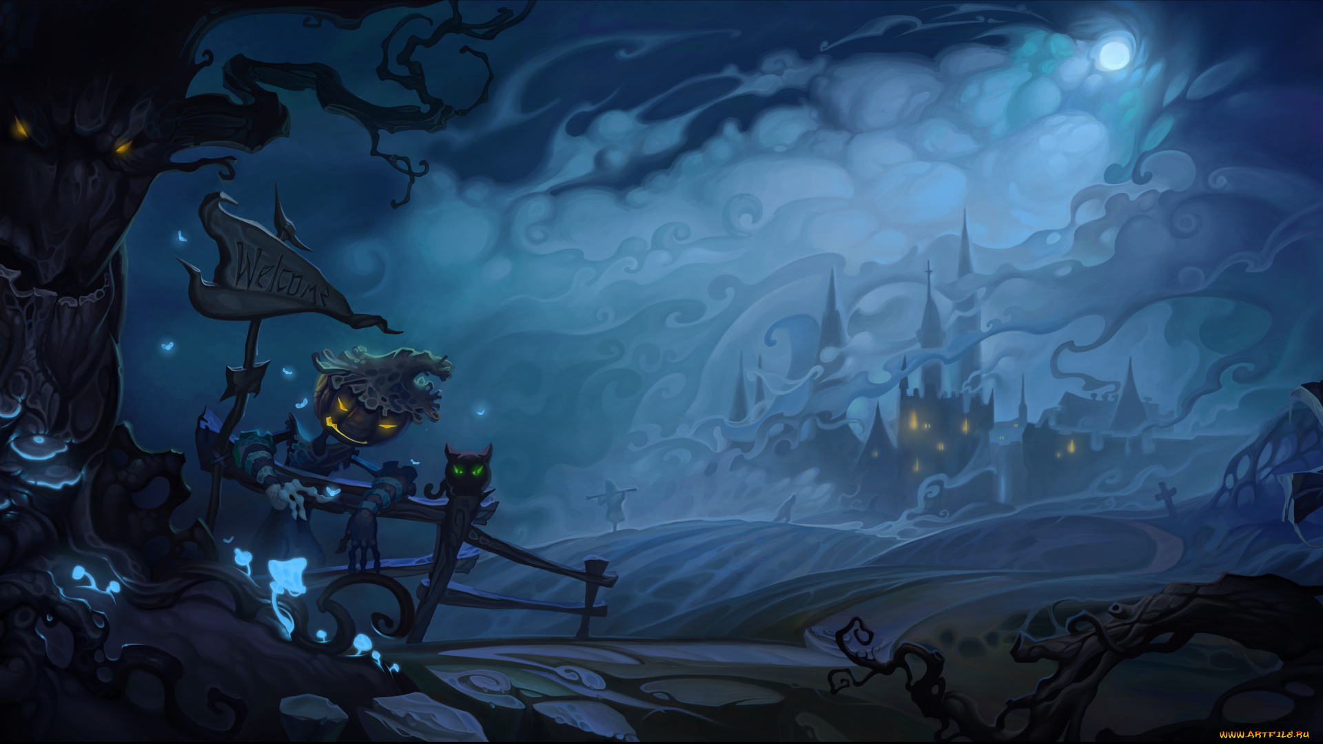 праздничные, хэллоуин, дерево, указатель, город, дорога, тыква