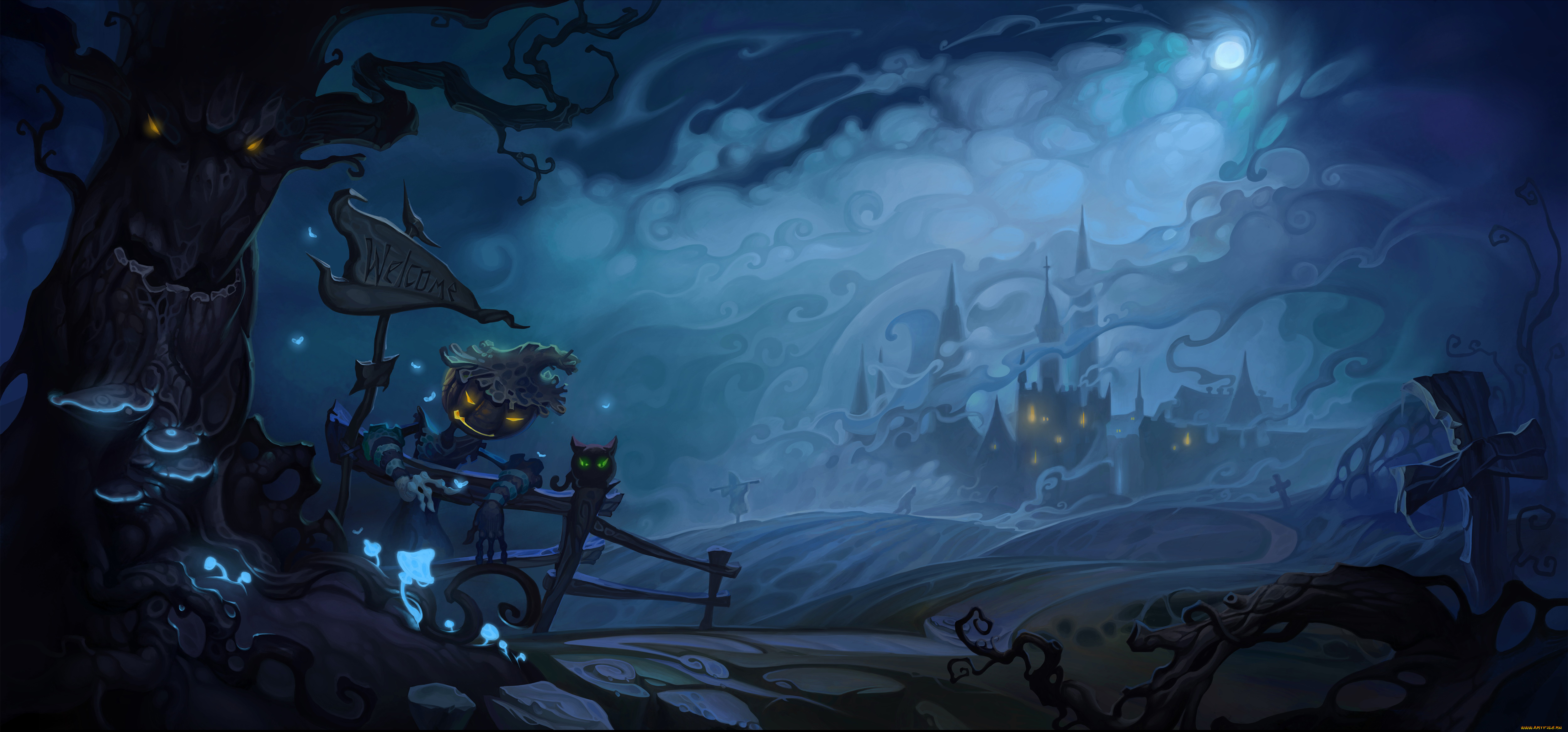 праздничные, хэллоуин, дерево, указатель, город, дорога, тыква