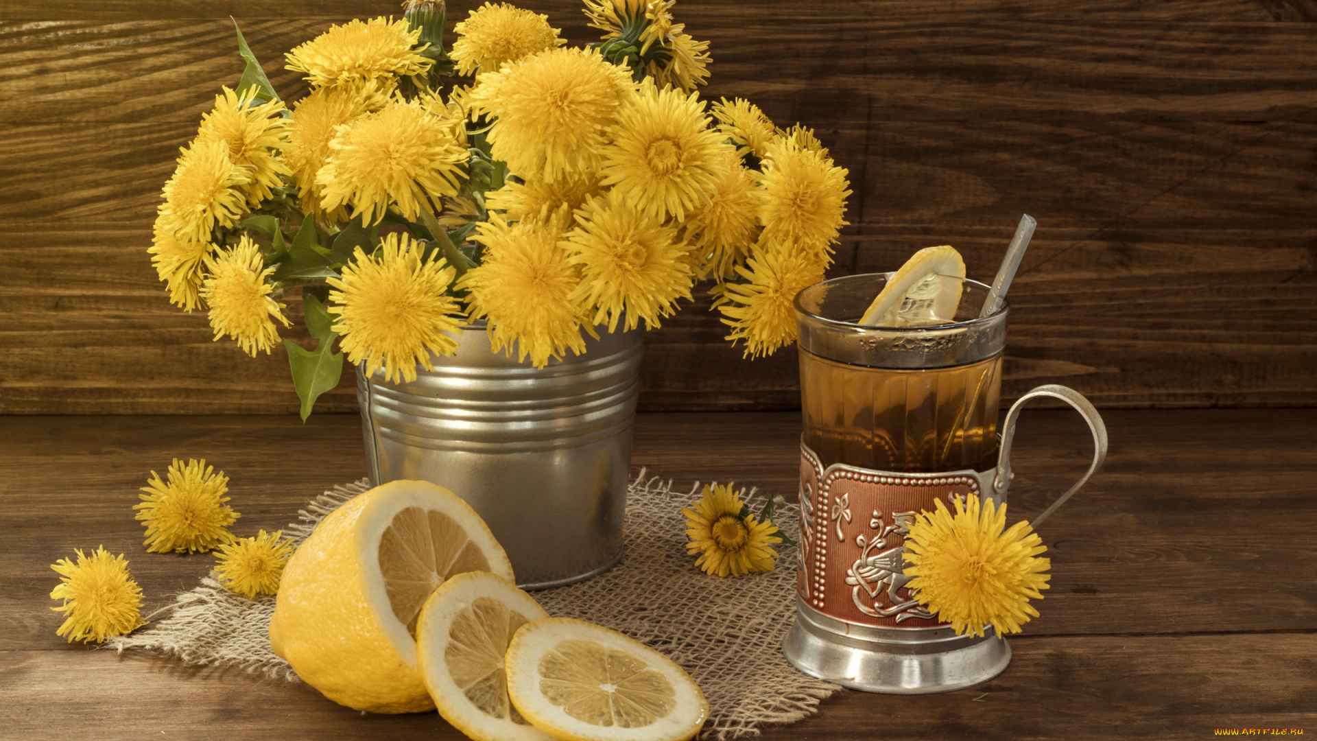 еда, натюрморт, чай, желтый, одуванчики, лимон