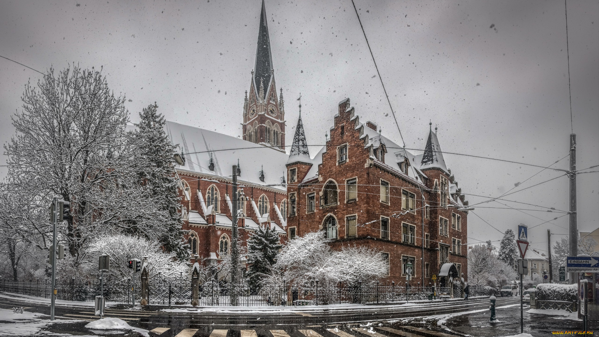 города, -, панорамы, город, улица, храм, снегопад