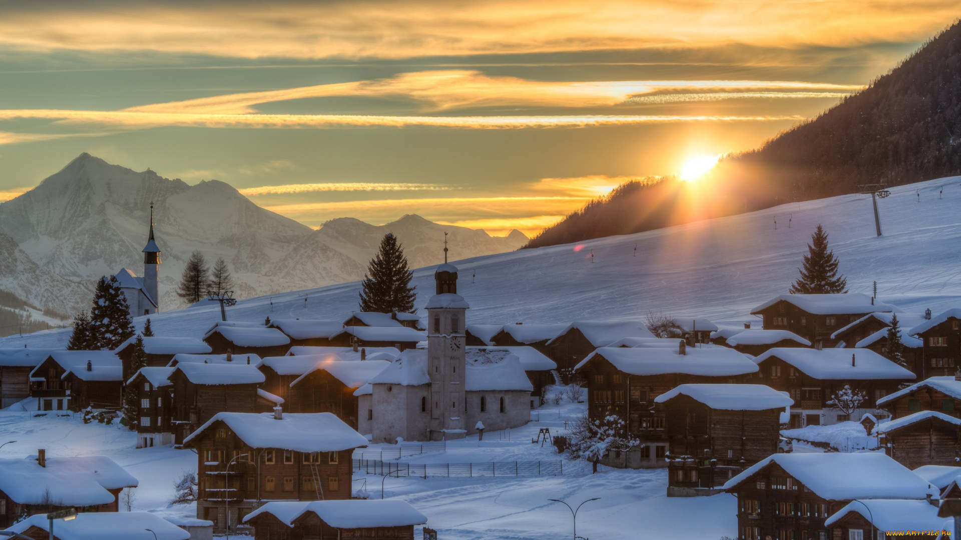 города, -, пейзажи, лес, небо, рассвет, goms, gluringen, деревья, дома, зима, склон, горы, снег, швейцария, солнце