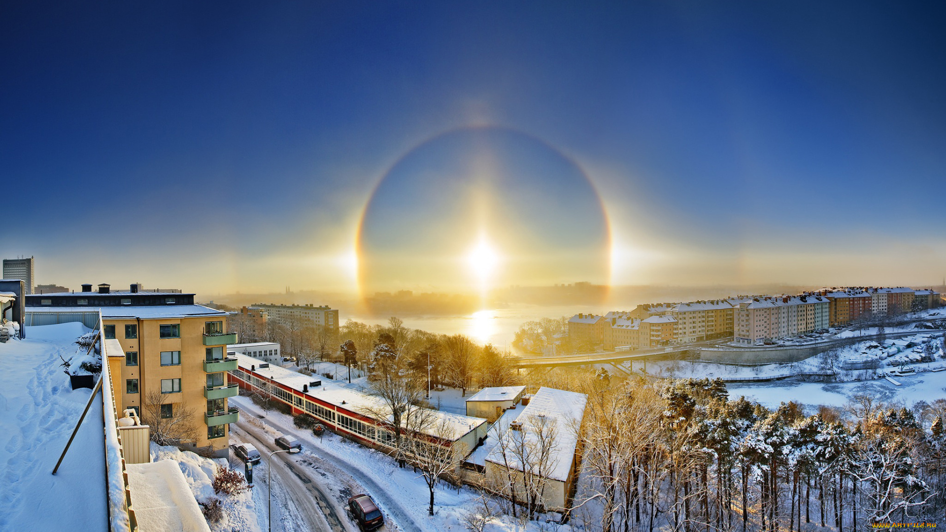 города, -, пейзажи, небо, облака, радуга, гало, солнце, вид, город, посёлок, пейзаж
