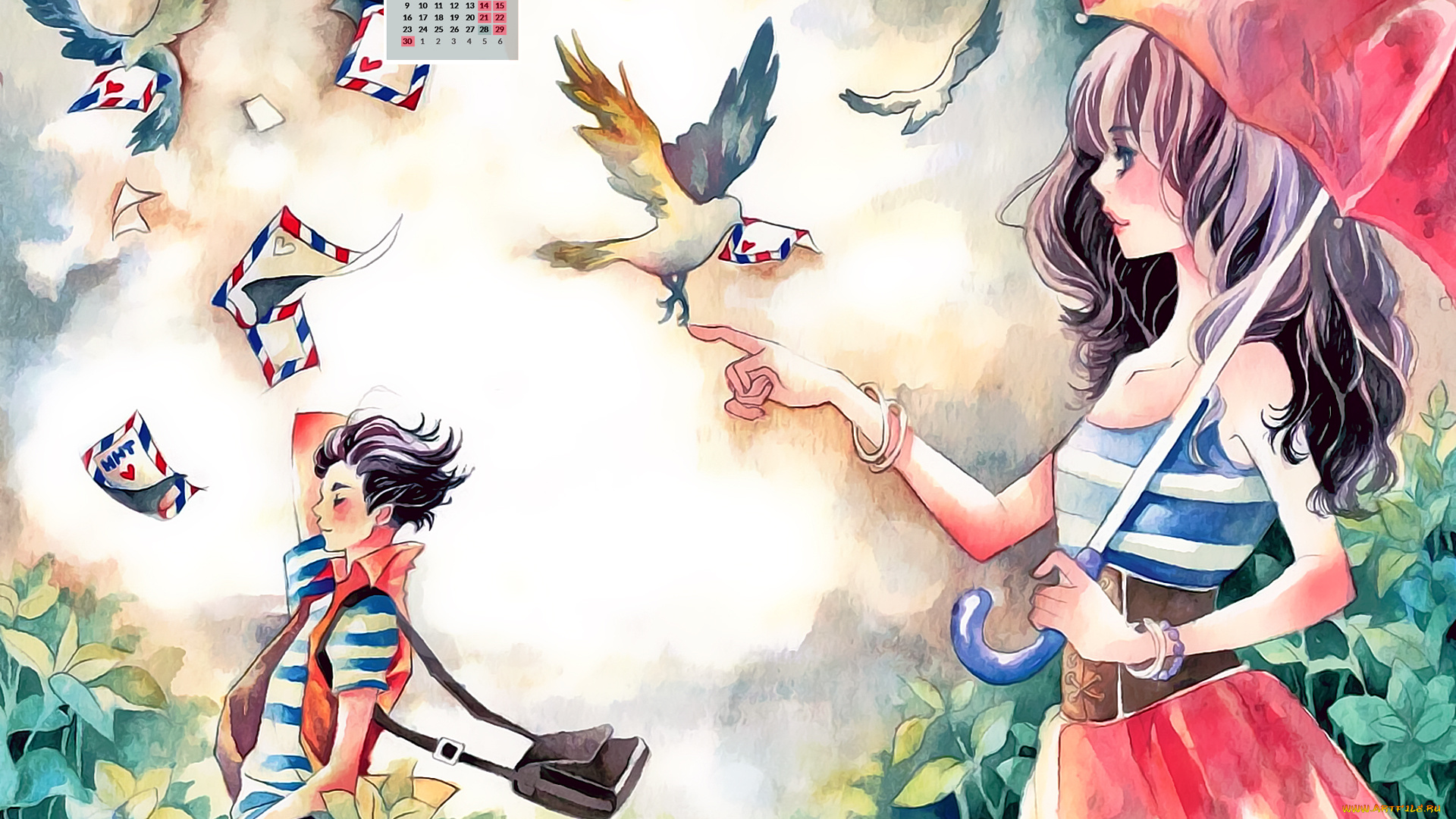 календари, рисованные, , векторная, графика, конверт, голубь, зонт, парень, девушка, 2018