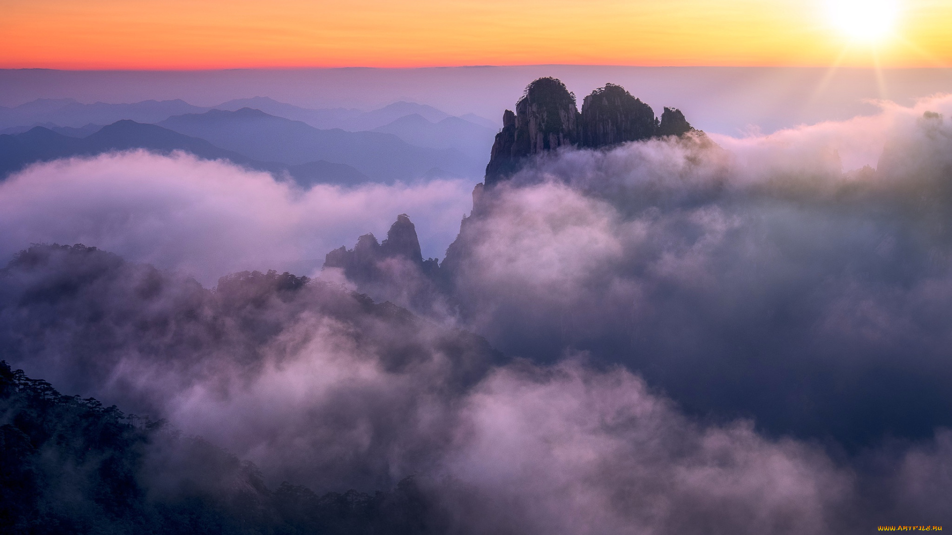 природа, горы, облака, закат, аньхой, хуаншань, китай