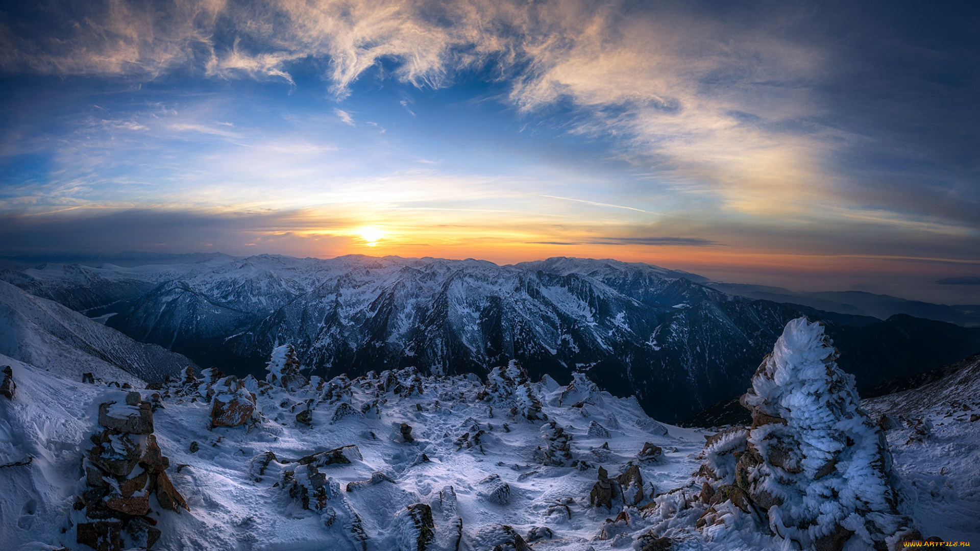 природа, горы, снег, закат