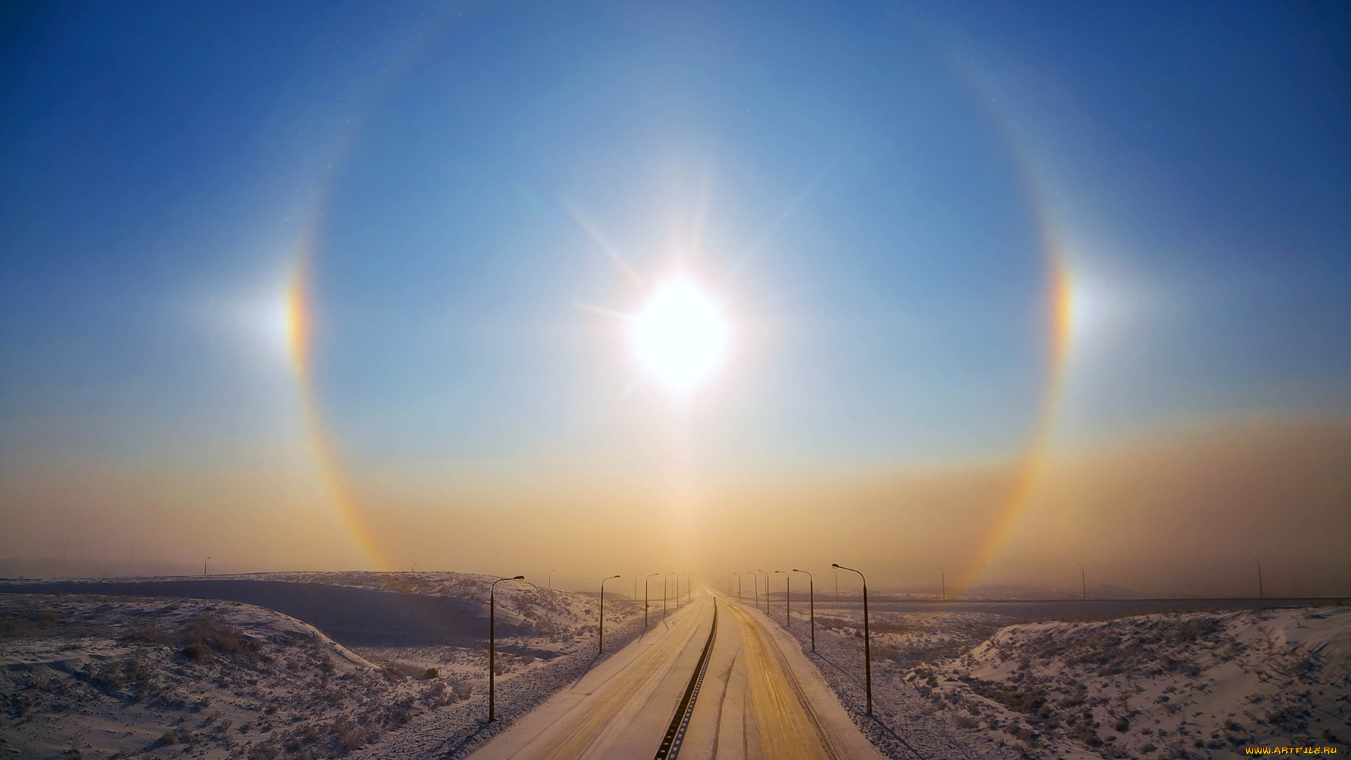 солнечное, гало, природа, дороги, солнце, гало, небо, дорога, трасса, облака, радуга, пейзаж