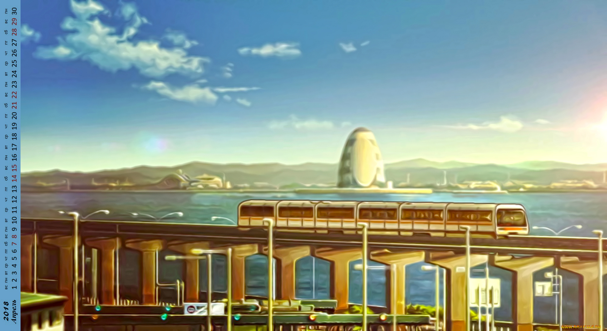 календари, рисованные, , векторная, графика, мост, водоем, поезд