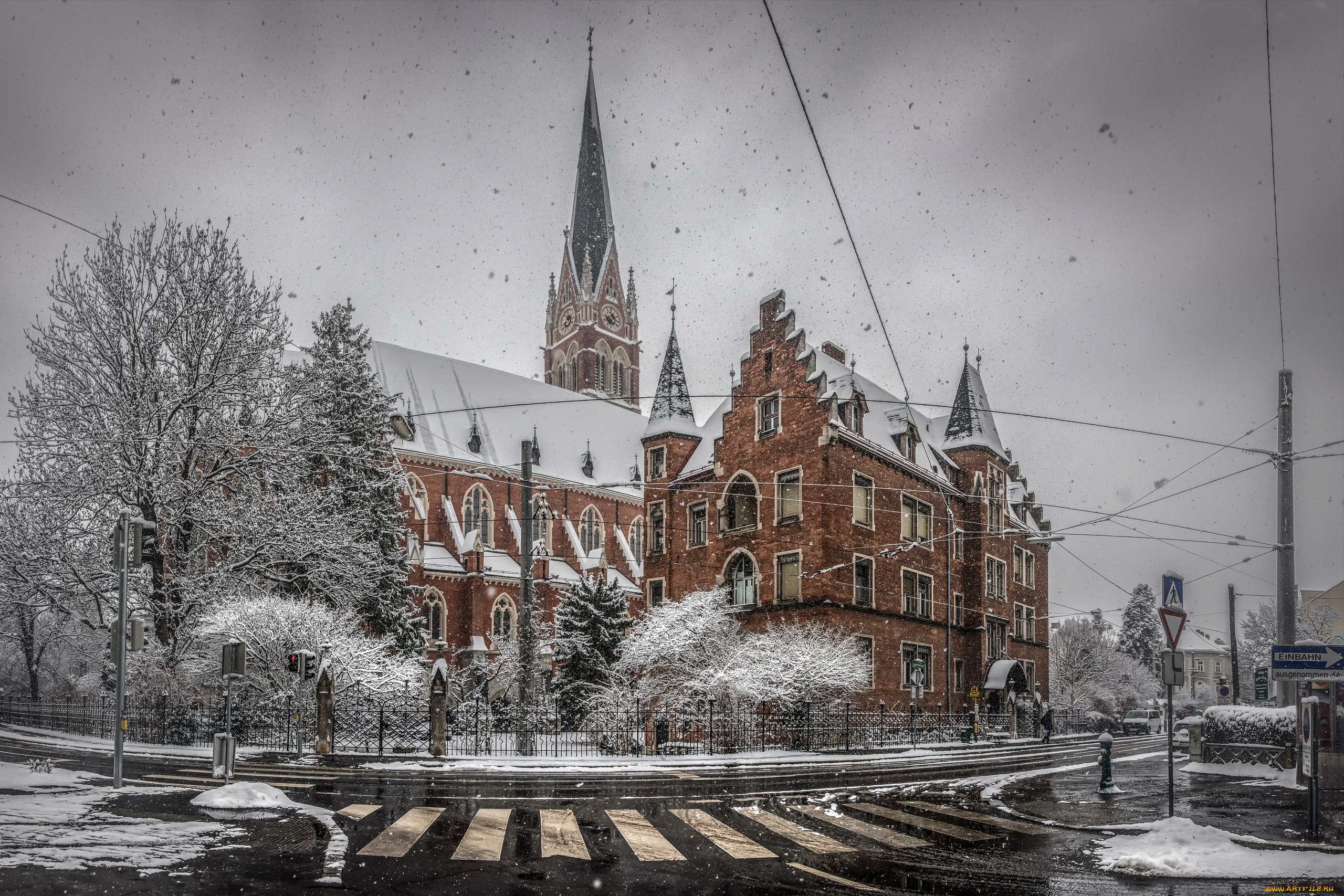 города, -, панорамы, город, улица, храм, снегопад