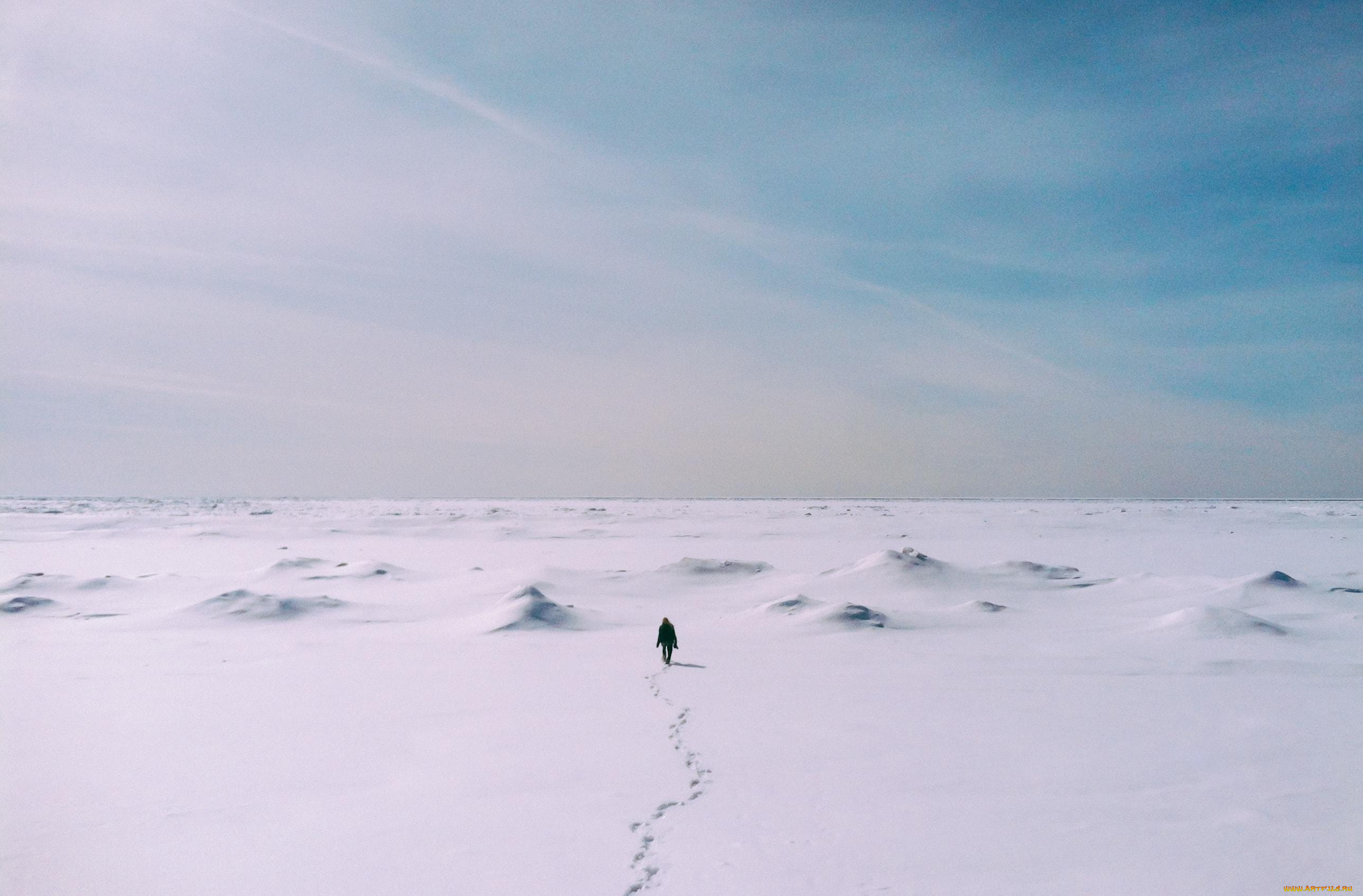 природа, зима, небо, следы, человек, снег