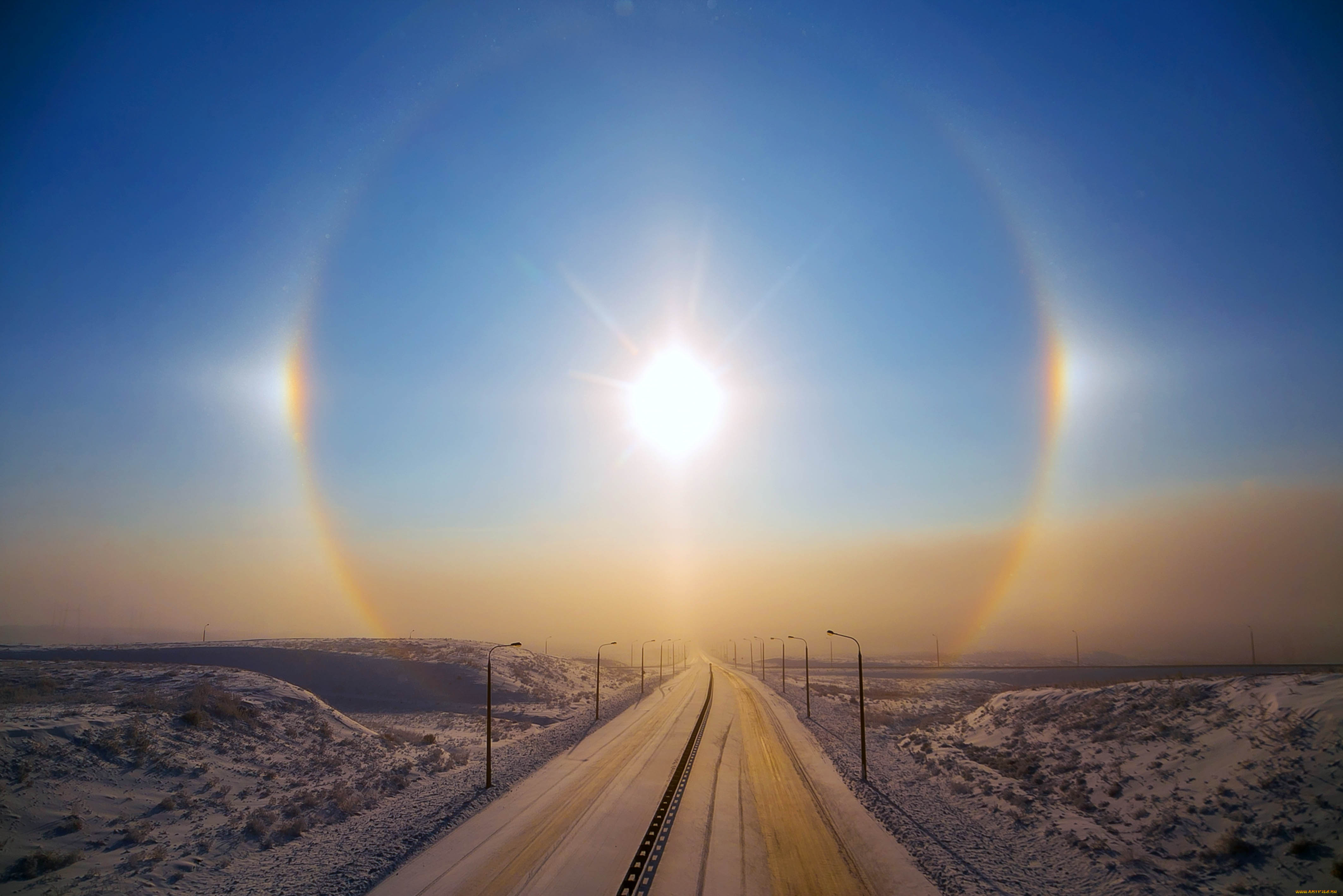 солнечное, гало, природа, дороги, солнце, гало, небо, дорога, трасса, облака, радуга, пейзаж