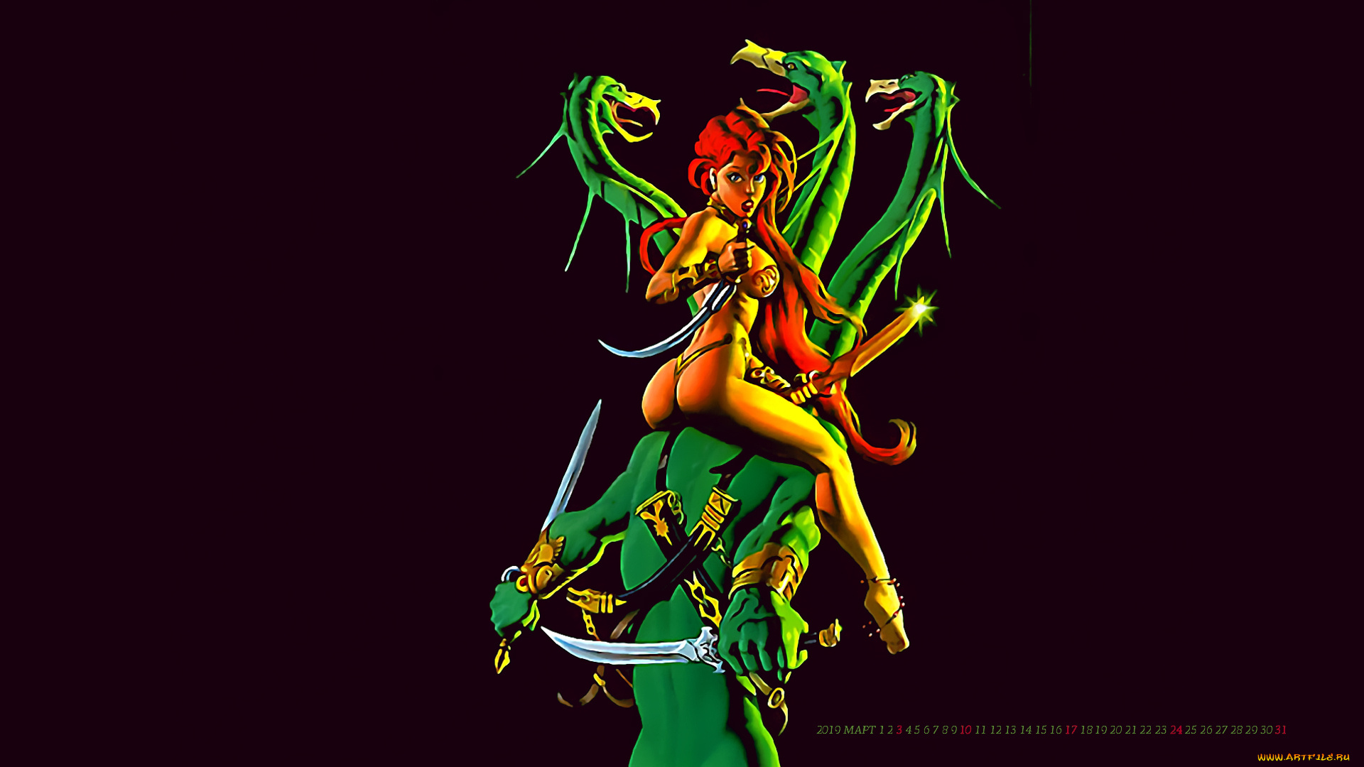 календари, фэнтези, девушка, дракон, оружие