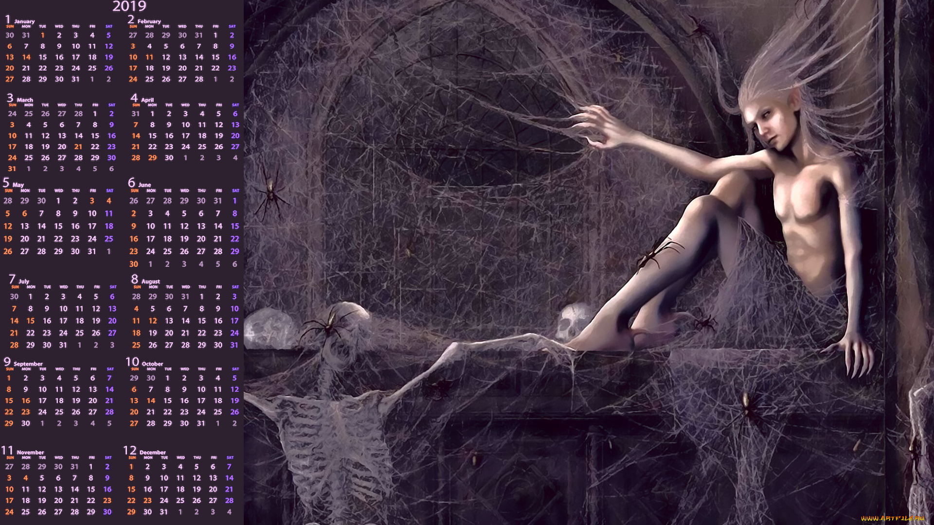 календари, фэнтези, паутина, паук, существо, скелет