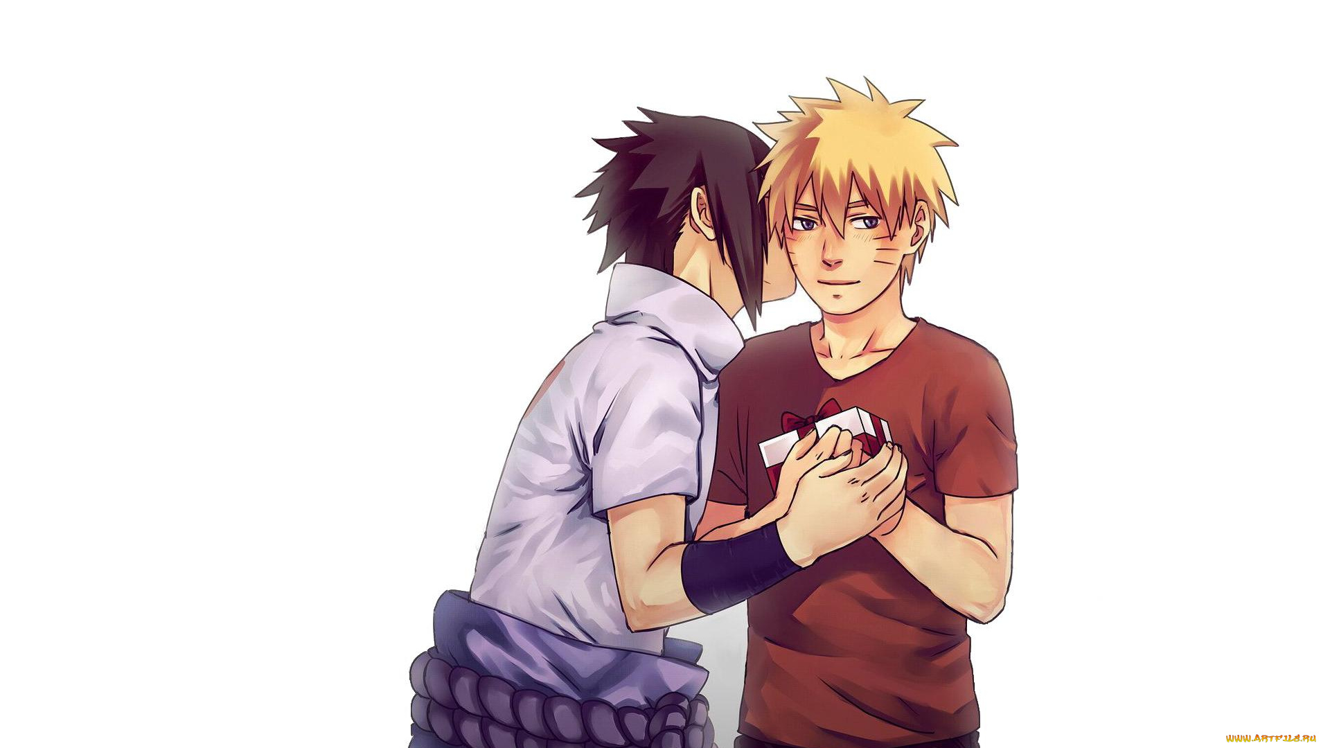 аниме, naruto, учиха, саске, узумаки, наруто, поцелуй, подарок