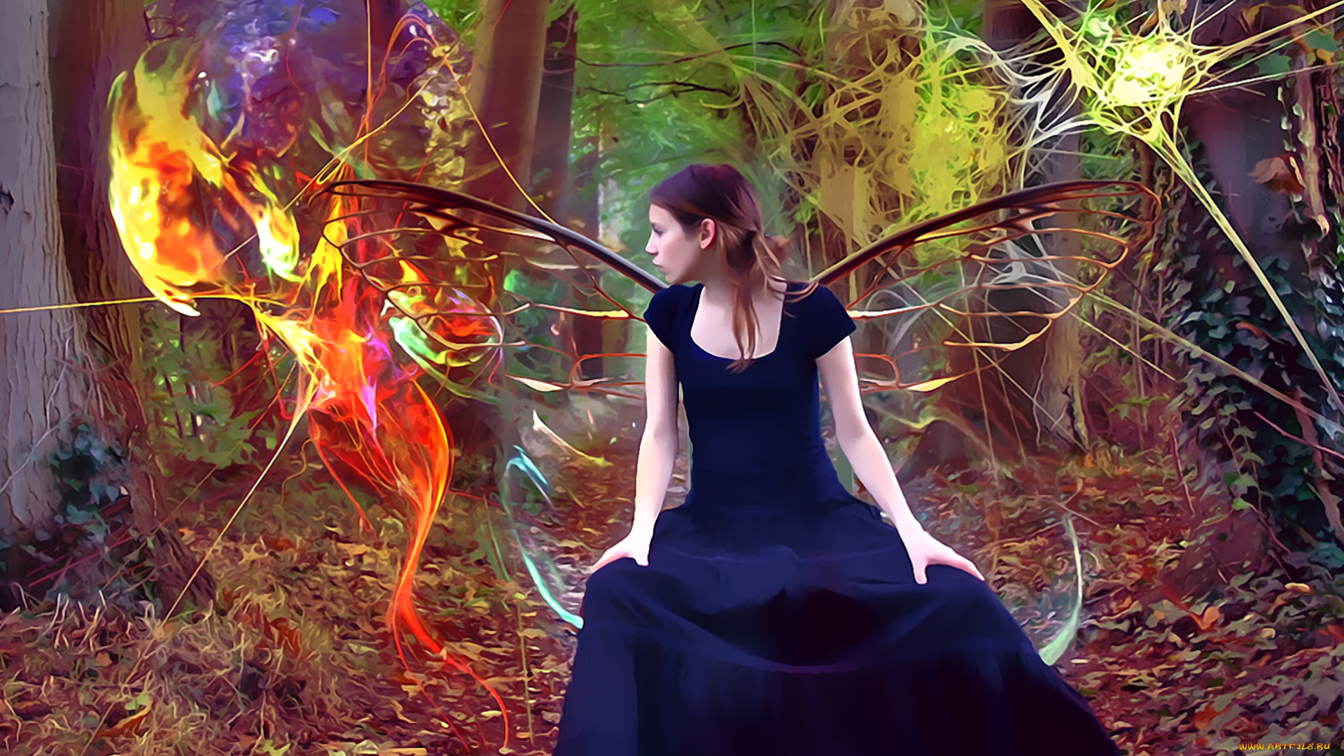 календари, фэнтези, девушка, крылья, лес, растение, листва, calendar, 2020