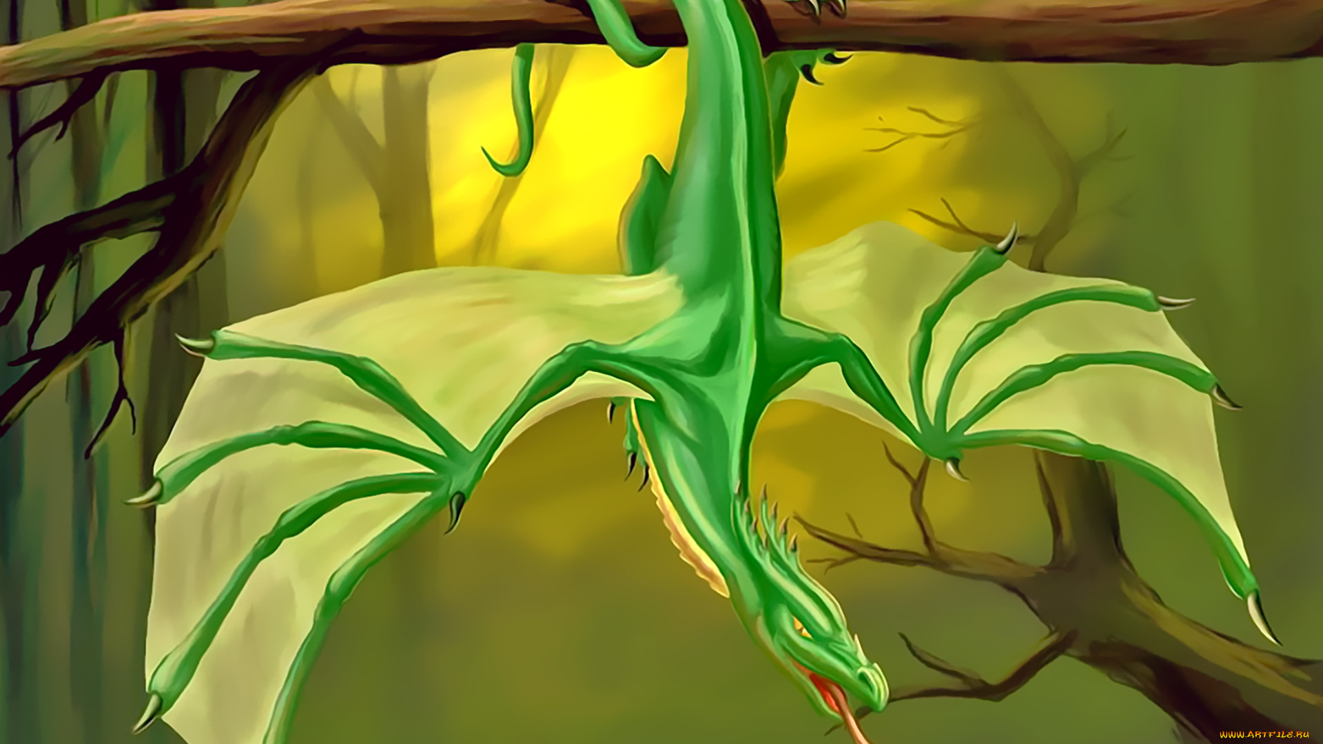 календари, фэнтези, дракон, маленький, зеленый, ветка, calendar, 2020