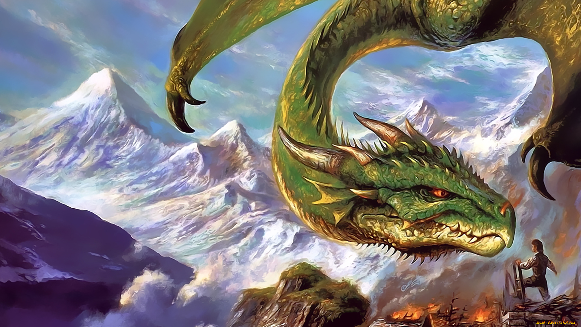 календари, фэнтези, дракон, зеленый, гора, природа, calendar, 2020