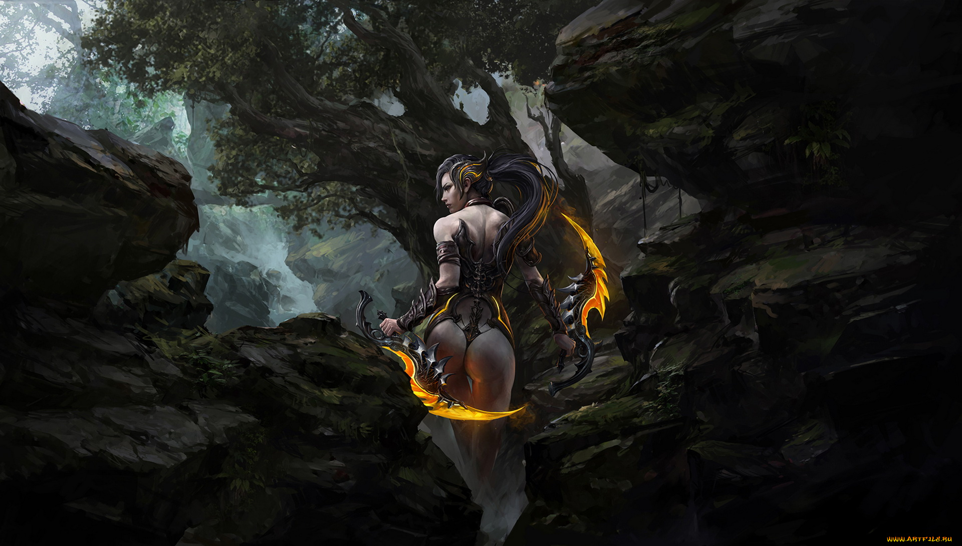 фэнтези, девушки, девушка, фон, лес, оружие