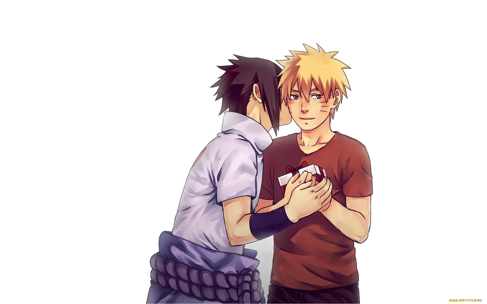 аниме, naruto, учиха, саске, узумаки, наруто, поцелуй, подарок