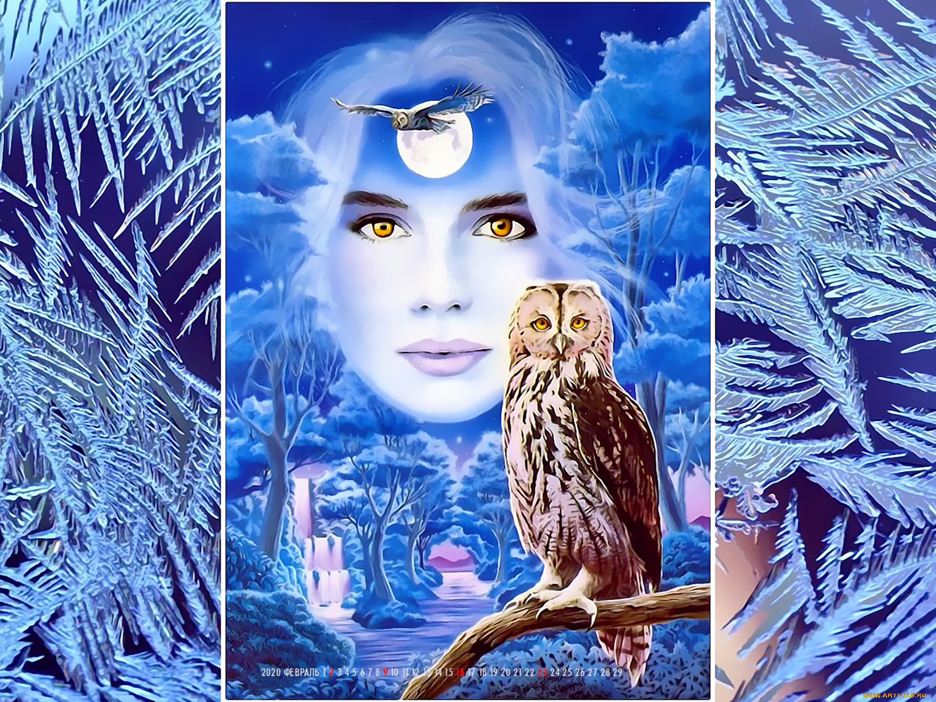 календари, фэнтези, портрет, лицо, девушка, сова, птица, calendar, 2020