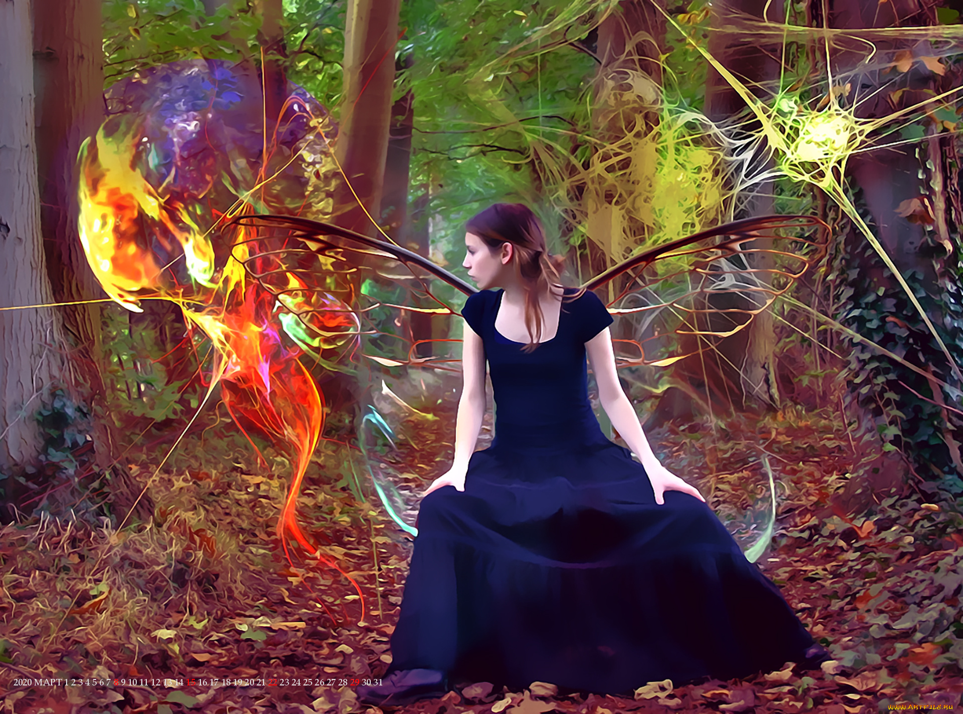 календари, фэнтези, девушка, крылья, лес, растение, листва, calendar, 2020