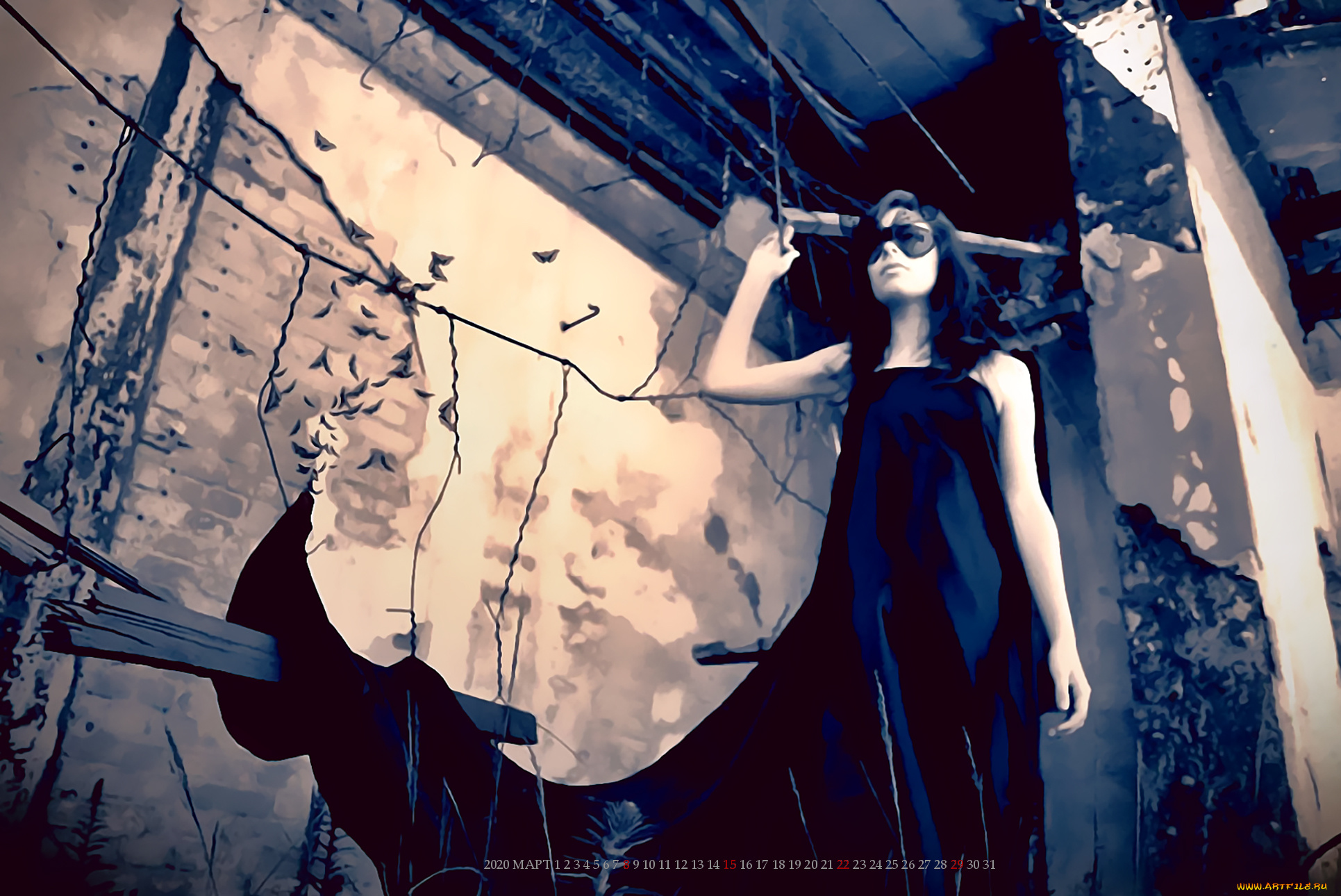 календари, фэнтези, девушка, маска, стена, calendar, 2020