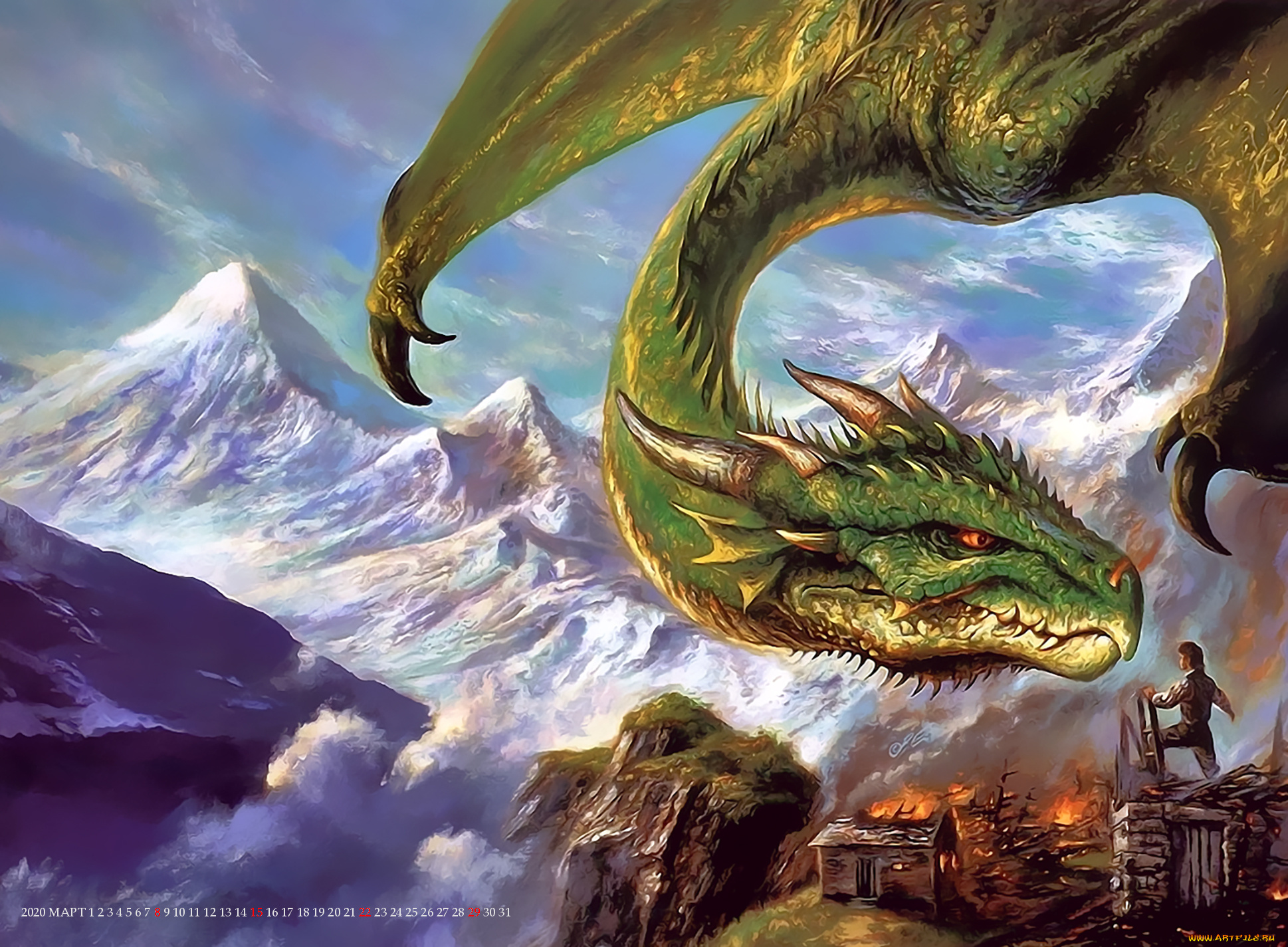 календари, фэнтези, дракон, зеленый, гора, природа, calendar, 2020