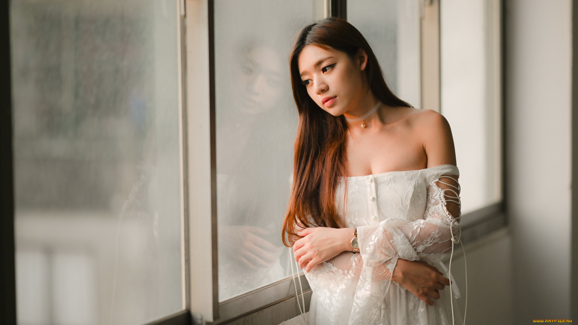 девушки, -, азиатки, рыжие, волосы, азиатка, кружевное, платье