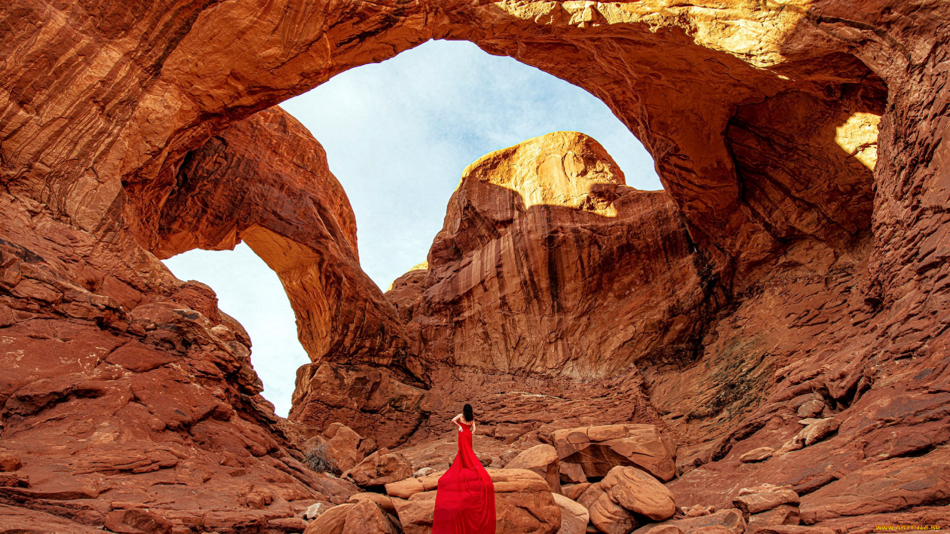 девушки, -, брюнетки, , шатенки, горы, камни, брюнетка, красное, платье