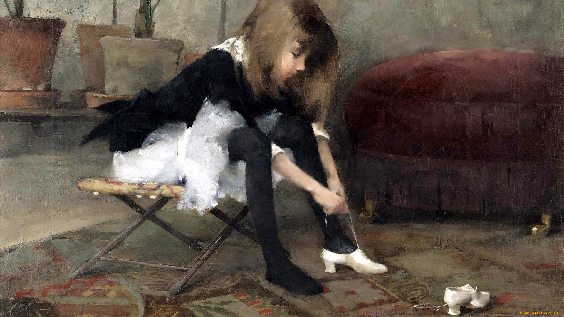 helene, schjerfbeck, -, dancing, shoes, рисованное, живопись, девочка, туфли, пуфик