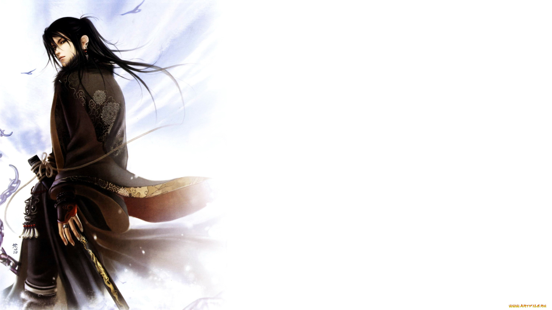 рисованное, люди, парень, оружие, цепь, птицы