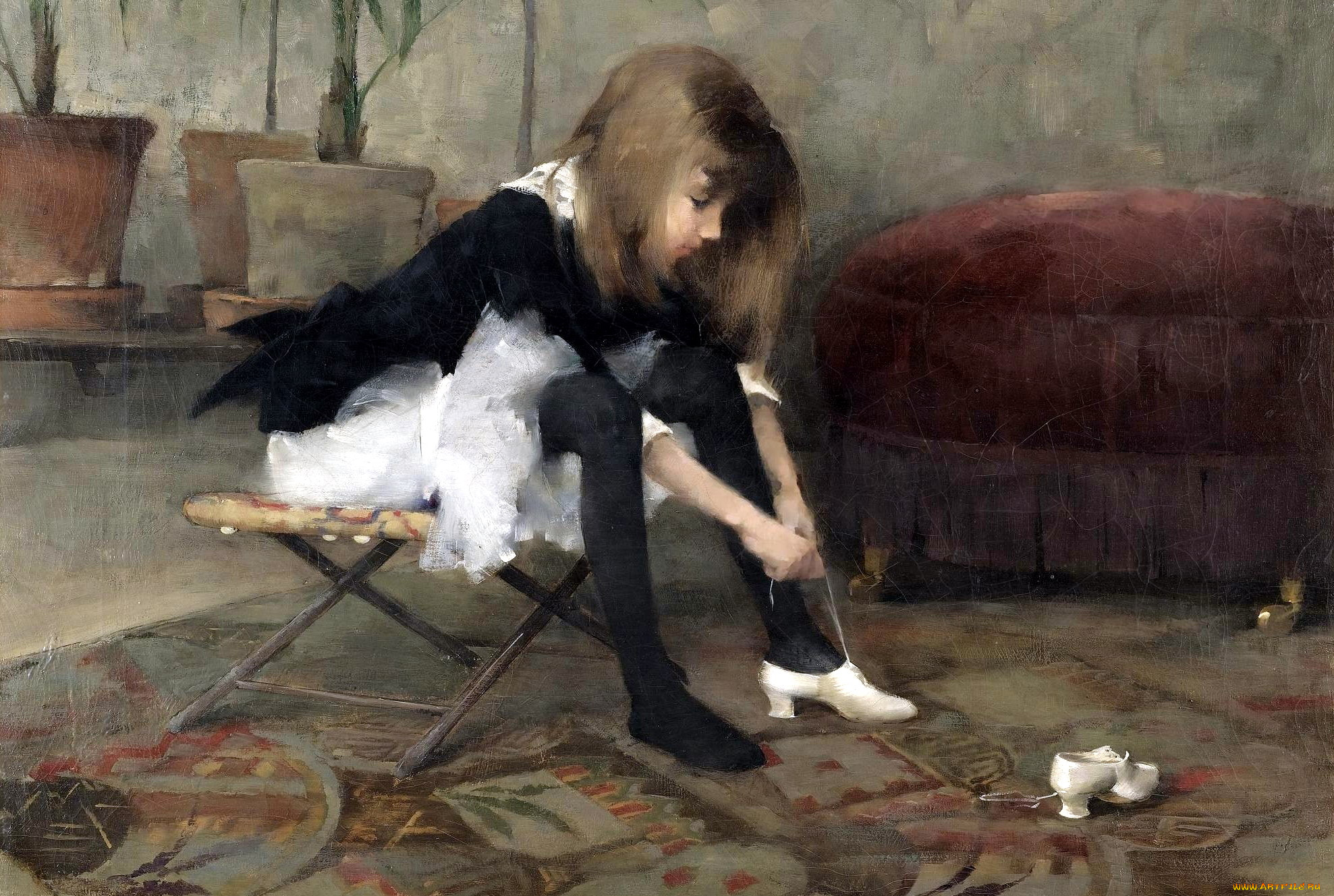 helene, schjerfbeck, -, dancing, shoes, рисованное, живопись, девочка, туфли, пуфик