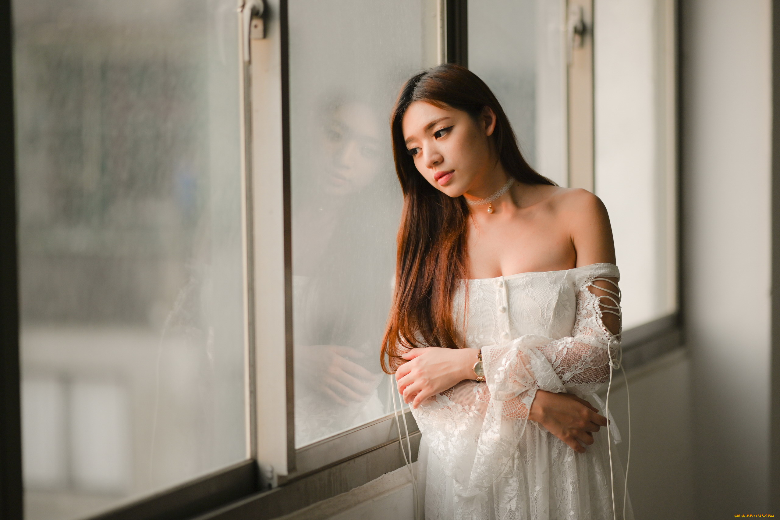девушки, -, азиатки, рыжие, волосы, азиатка, кружевное, платье
