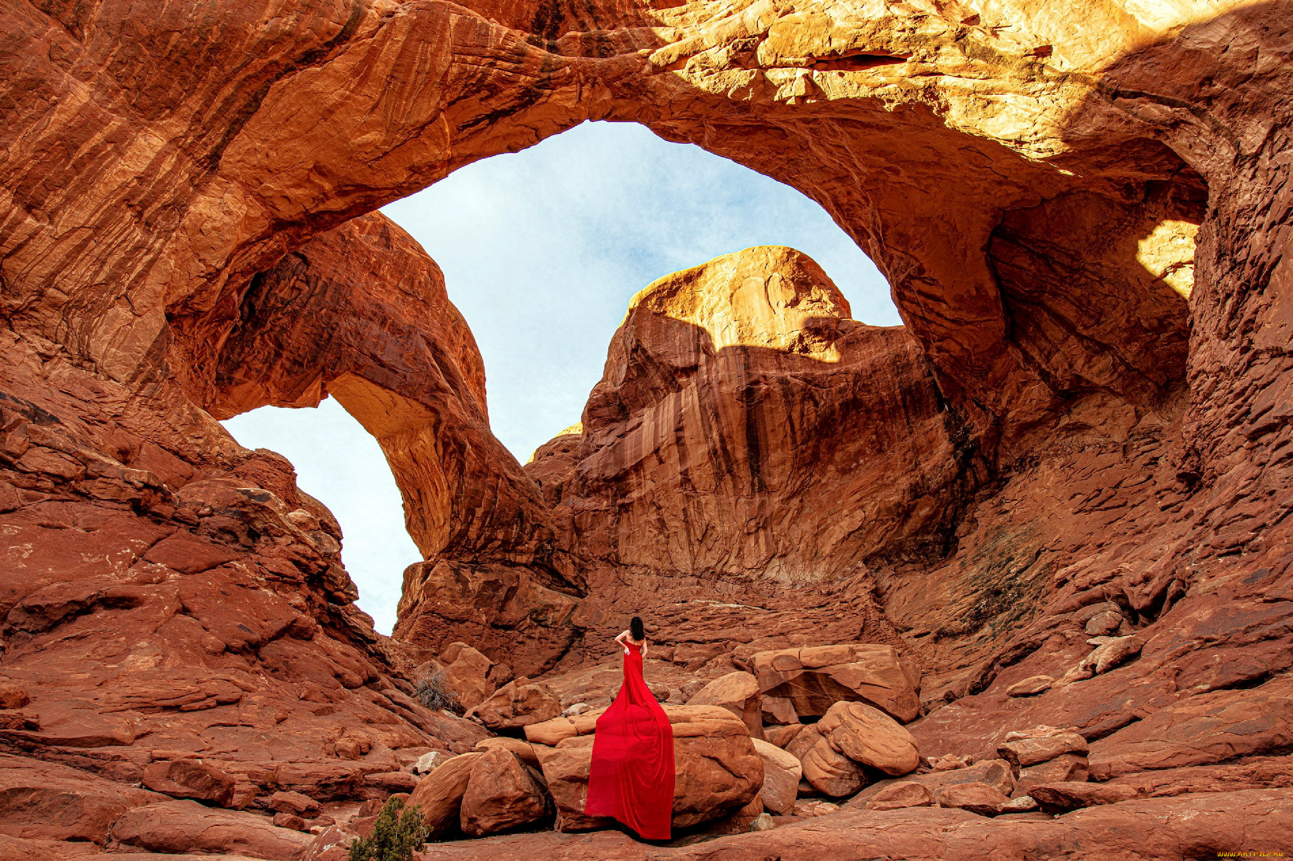 девушки, -, брюнетки, , шатенки, горы, камни, брюнетка, красное, платье