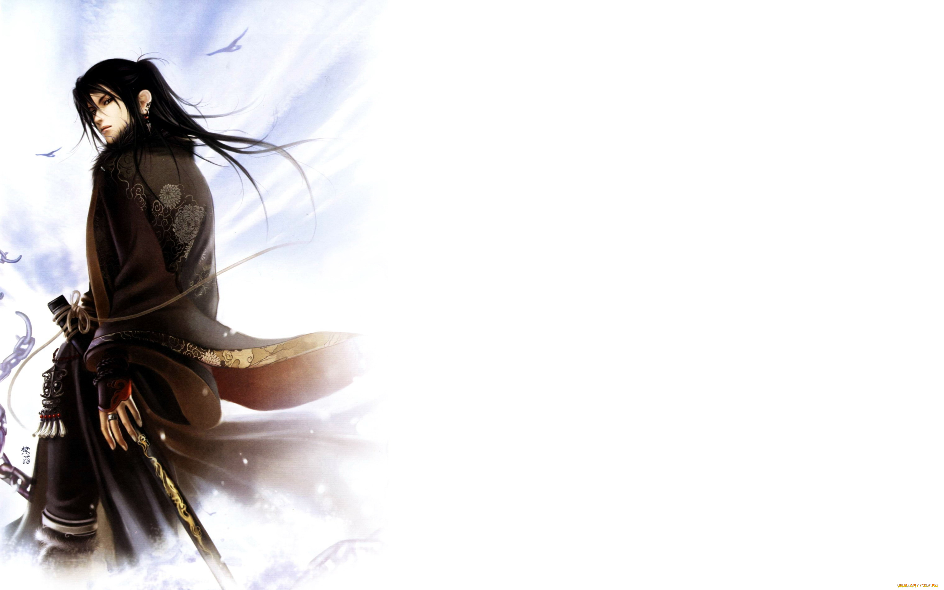 рисованное, люди, парень, оружие, цепь, птицы