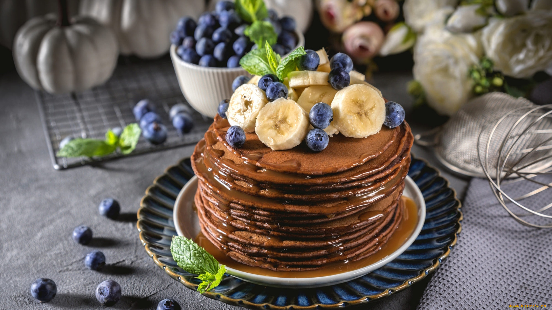 еда, блины, , оладьи, бананы, черника