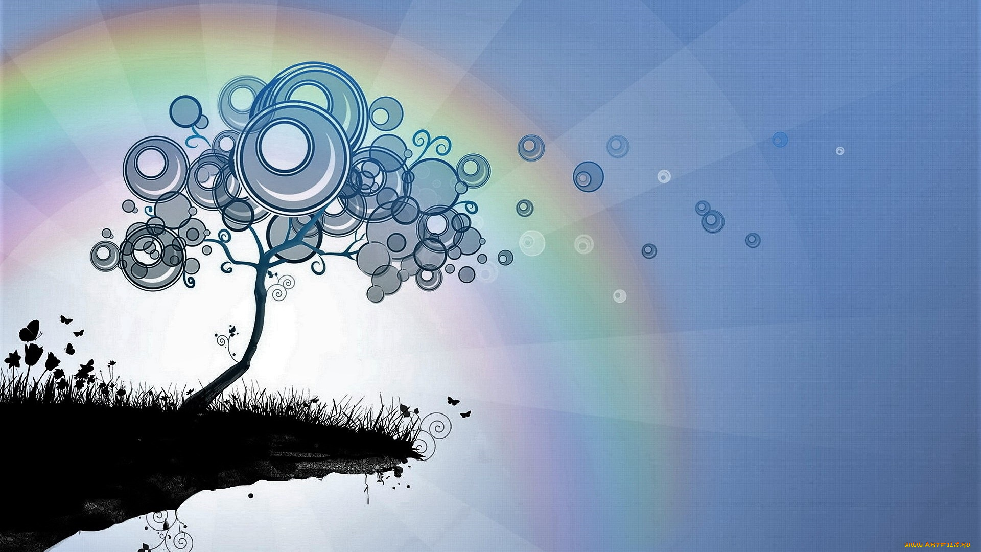 векторная, графика, природа, , nature, дерево, обрыв, лучи, радуга